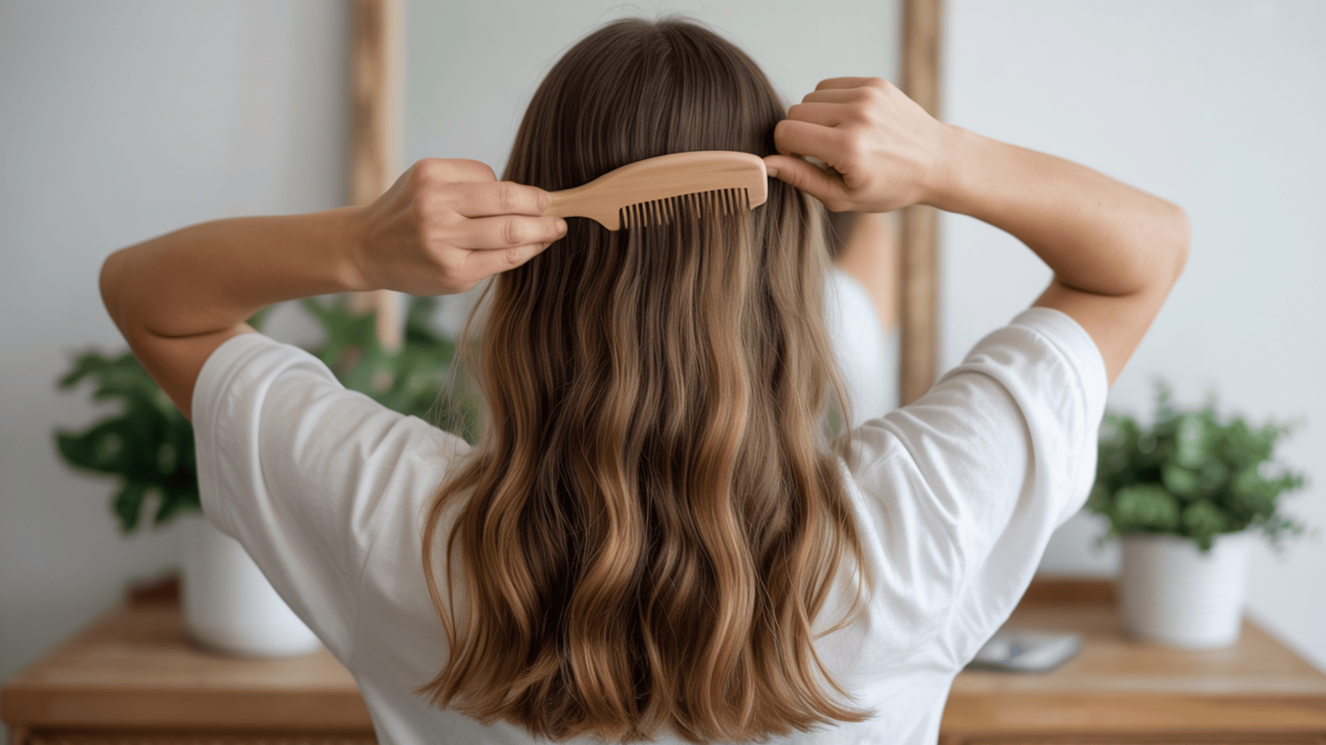 person gently combing long hair indoors, symbolizing self-care, emotional healing, and mindful hair maintenance routine