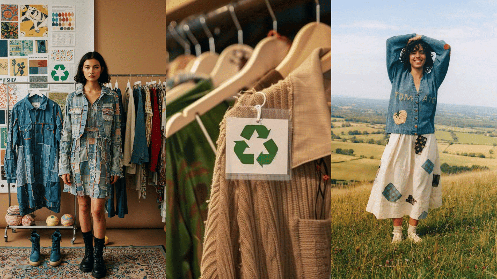 scenes of upcycled clothing, recycled materials, and eco-friendly fashion, promoting sustainable alternatives to fast fashion brands