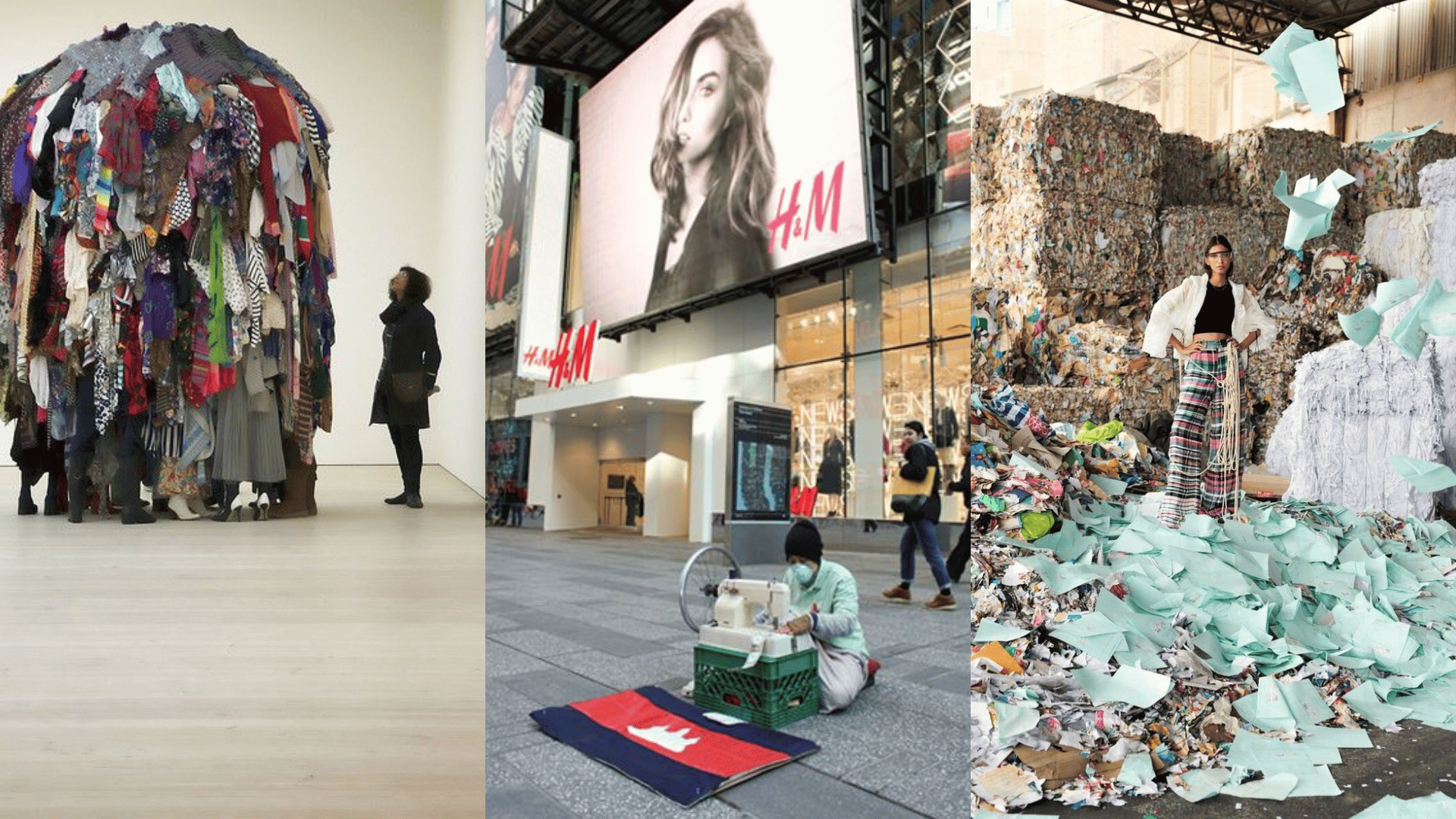 images showing textile waste piles, garment production, and H&M storefront, illustrating environmental and labor impacts of fast fashion