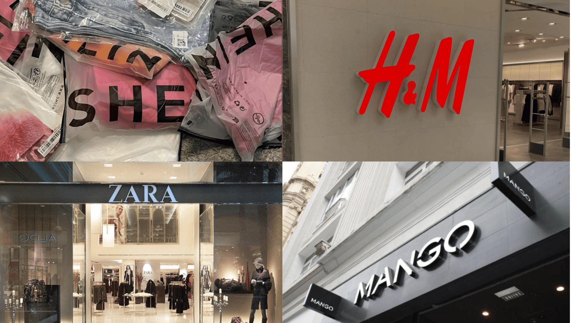 collage of fast fashion brands like Shein, H&M, Zara, and Mango, highlighting mass-produced clothing and global retail stores