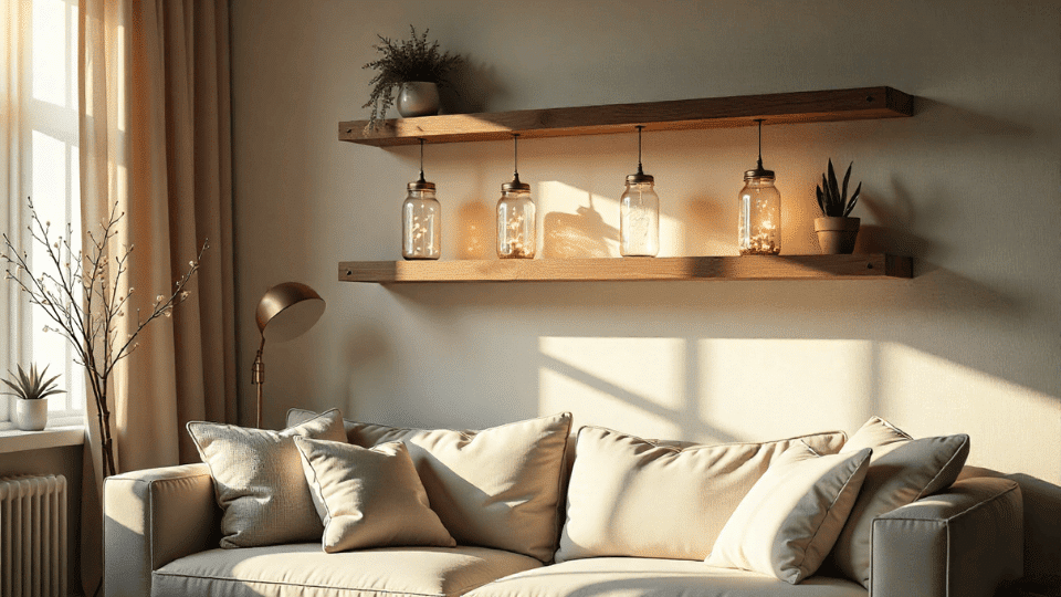 Hanging Mason  Jars above couch decor