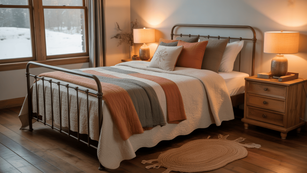 quilted bedding in neutral tones