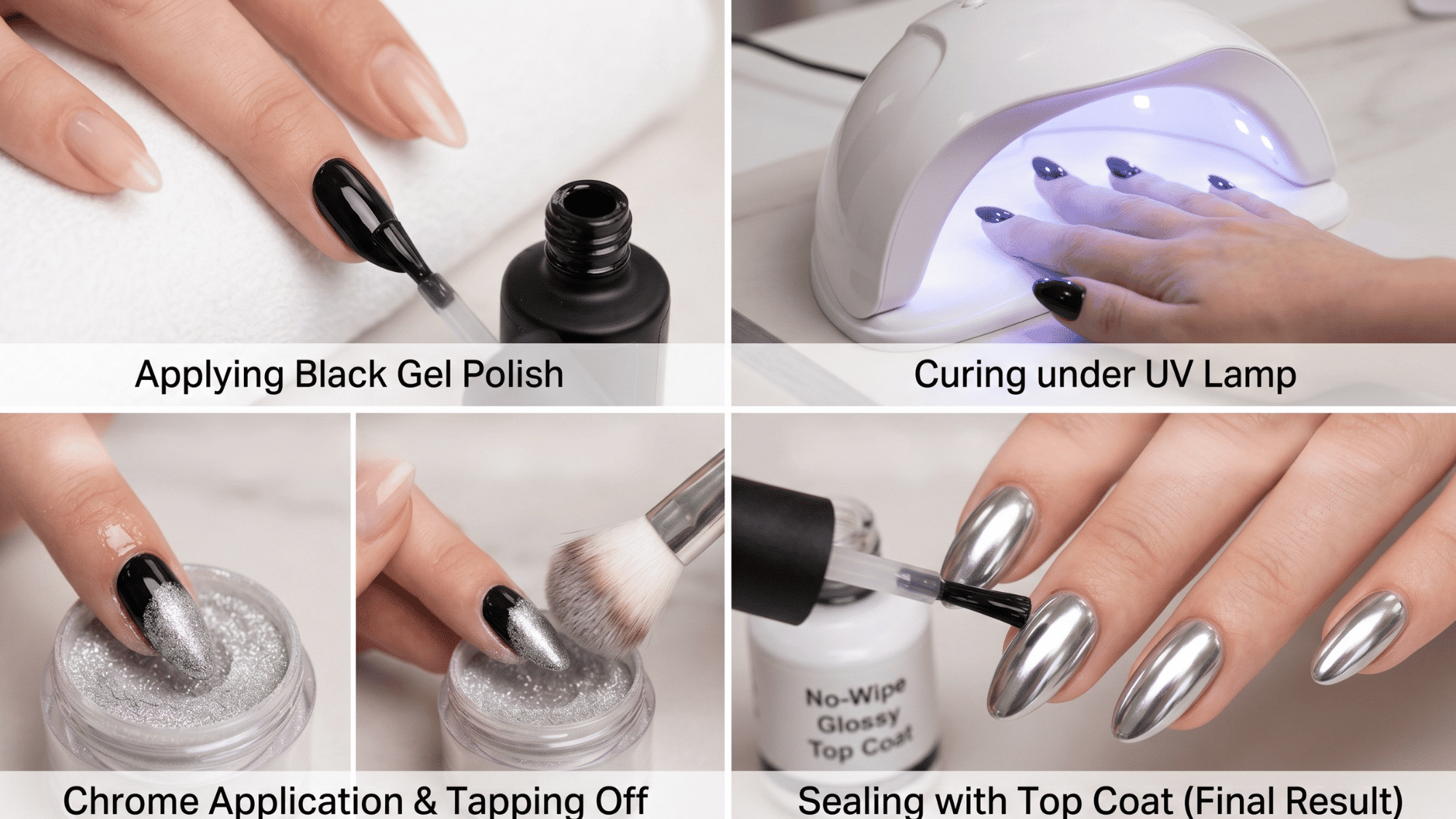 4 step chrome nails dip method collage