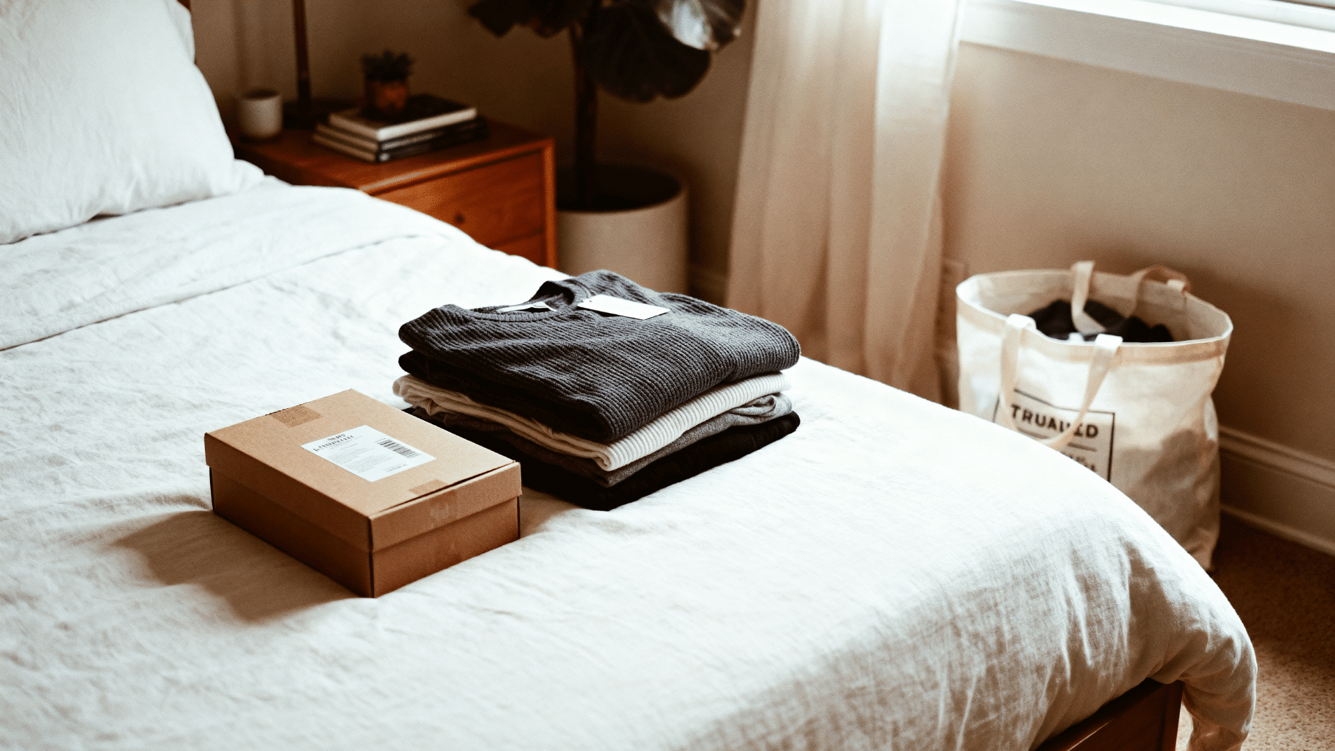 A neat bedroom with second-hand clothes and minimal packaging promoting sustainable fashion choices
