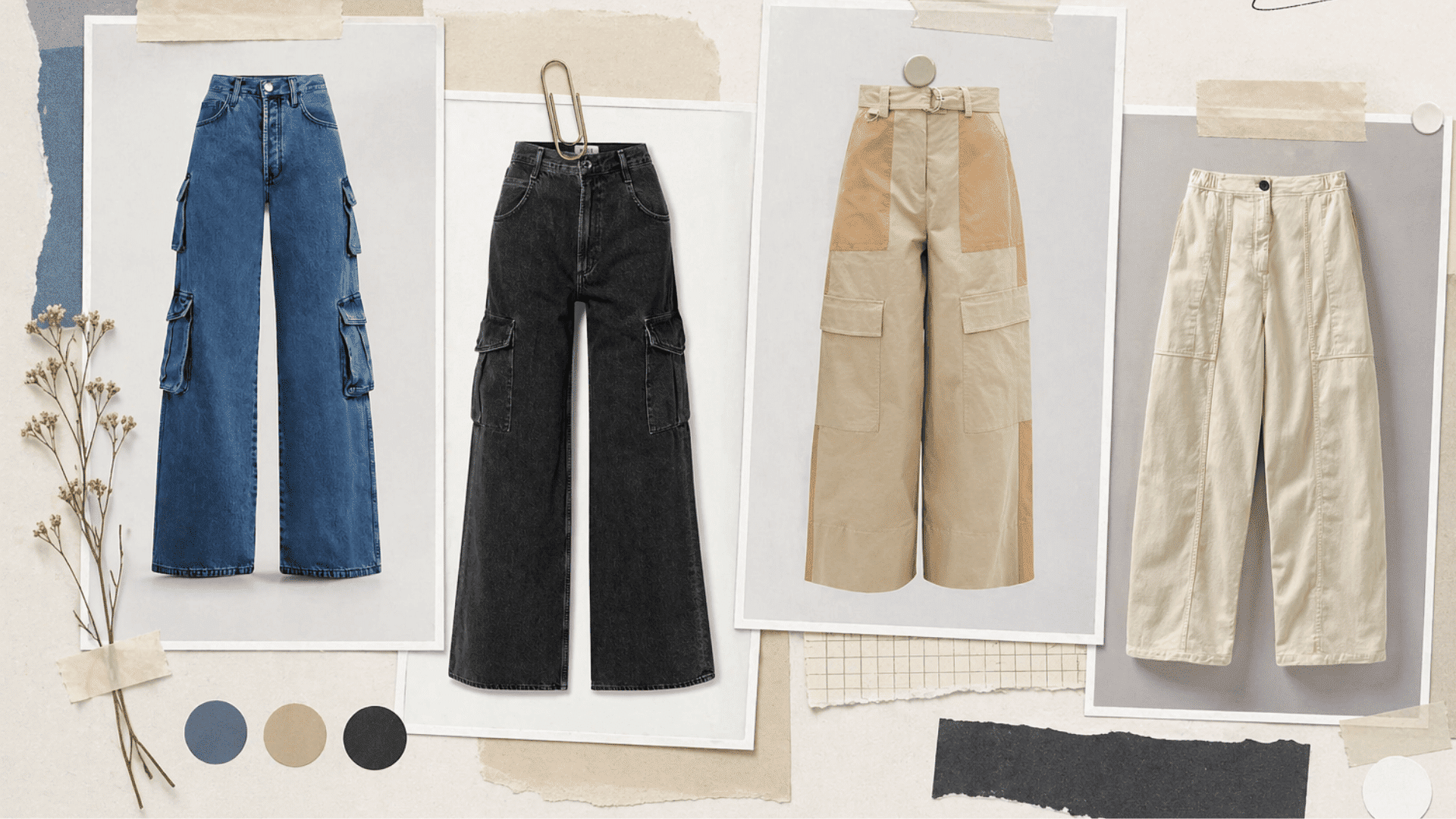 Cargo pants collage in a clean editorial flat lay with denim, black, beige, and cream wide-leg styles on textured neutral background