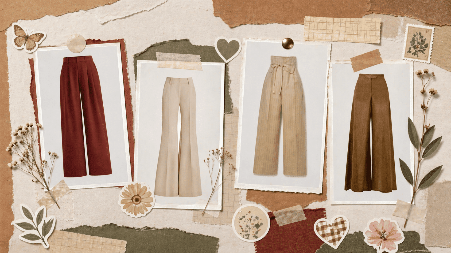 Casual trousers in earthy tones styled in a scrapbook collage with stickers, torn paper, and botanical accents in a 169 layout