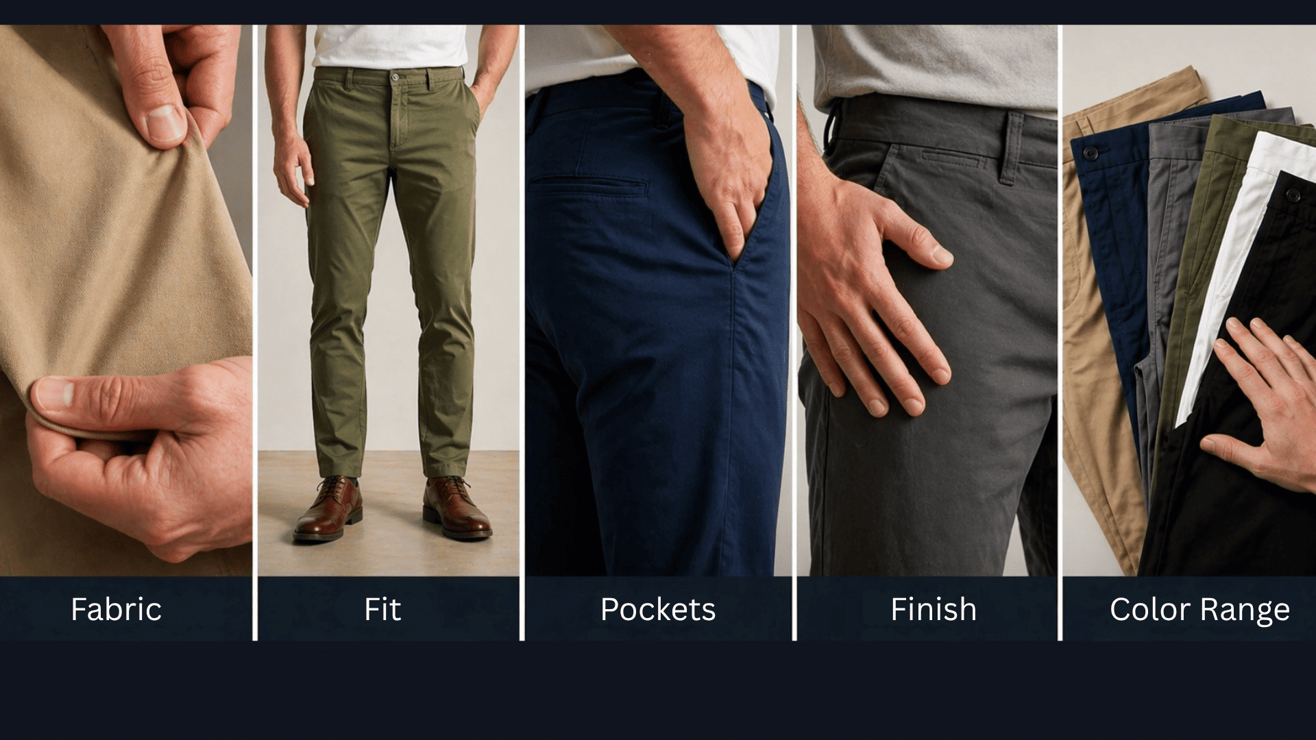 Chinos feature panels showing fabric stretch, tailored fit, pocket detail, finish texture, and multiple color options in a clean layout