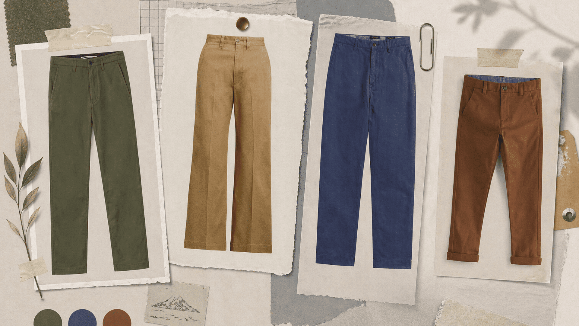 Chinos in olive, tan, blue, and brown arranged in a minimalist collage with textured paper layers and clean neutral background aesthetic