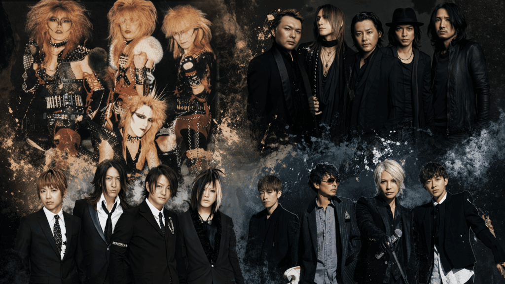Collage of iconic visual kei bands in glam and modern styles representing the Big Four of Visual Kei with dramatic lighting and bold fashion