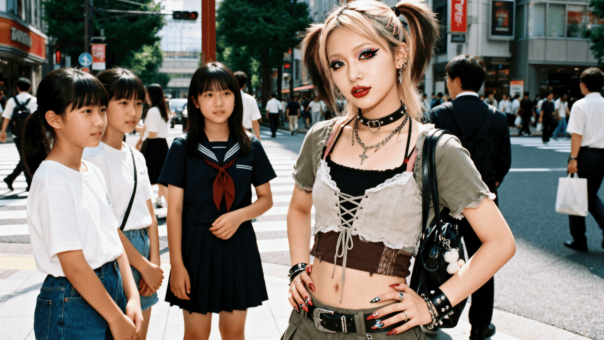 Confident gyaru woman in bold fashion stands on a Tokyo street as three schoolgirls watch with curiosity and admiration.