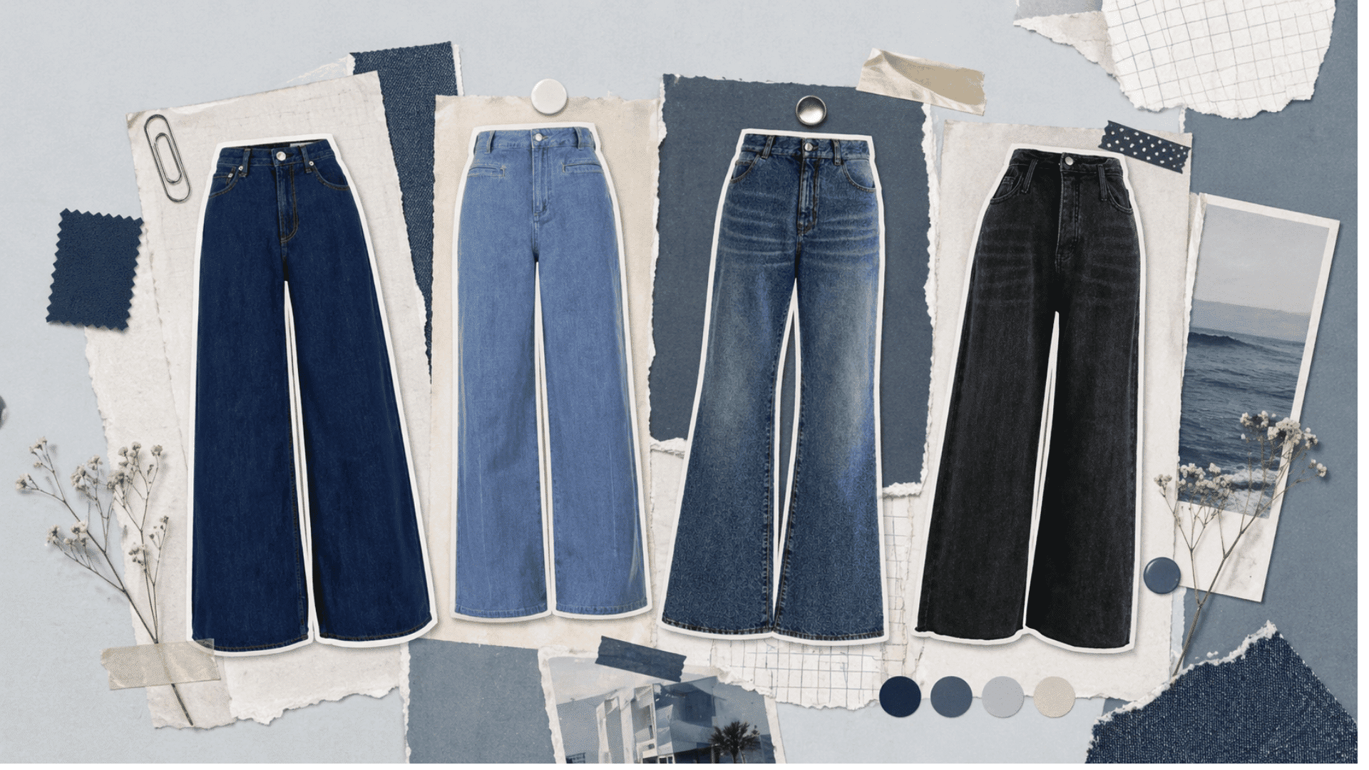 Denim jeans collage featuring wide-leg styles in dark, light, and black washes with layered paper textures, pins, and editorial scrapbook aesthetic