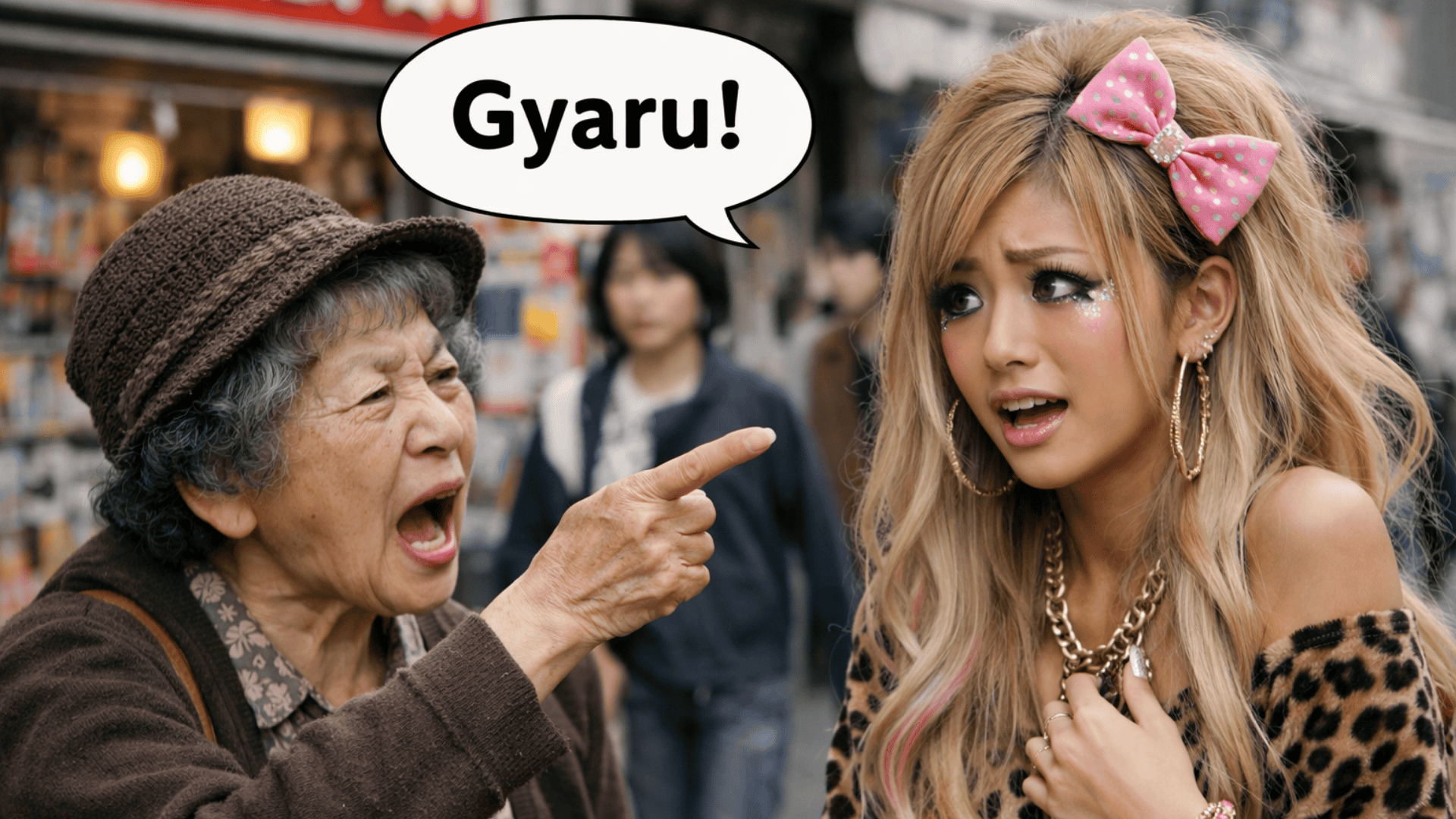 Elderly Japanese woman angrily points and shouts at a shocked gyaru girl on a busy street, with a speech bubble reading “Gyaru!”