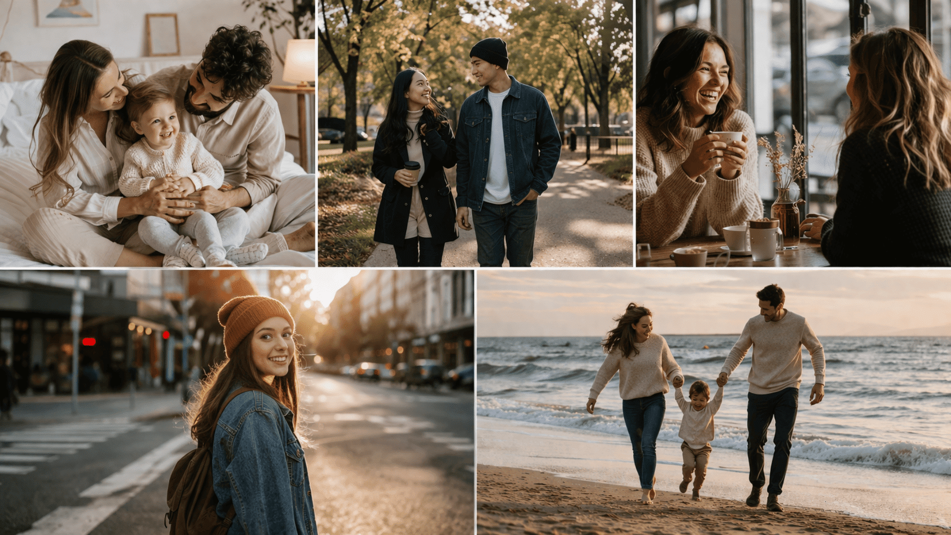 Five-panel collage of candid lifestyle moments family at home, couple walking, café chat, street portrait, and beach play in warm natural light