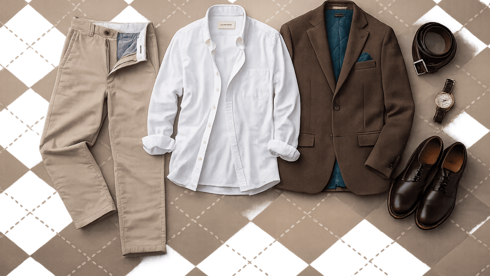 Flat lay of beige chinos, open white shirt, brown blazer, belt, watch, and shoes on a soft tan argyle background.