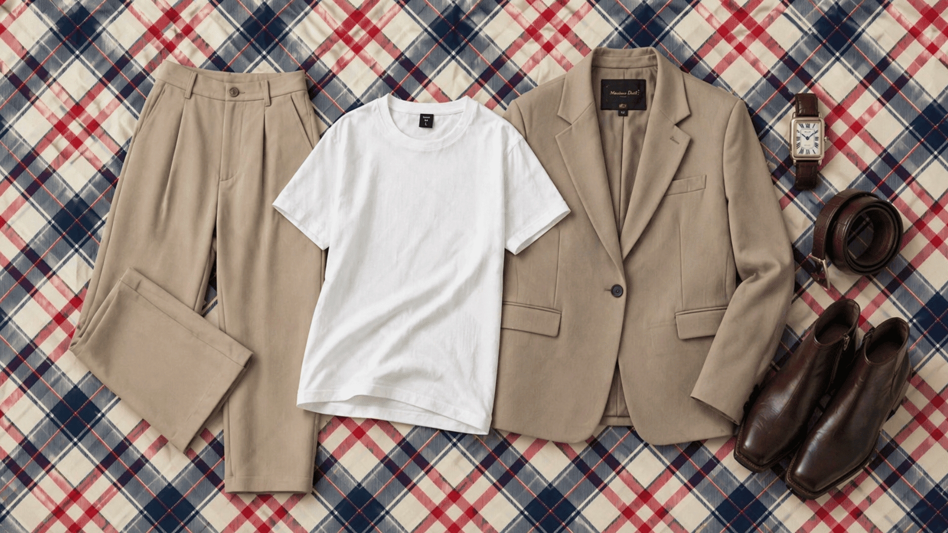 Flat lay of beige trousers, white T-shirt, taupe blazer, boots, belt, and watch on red-blue plaid background, clean contrast styling.