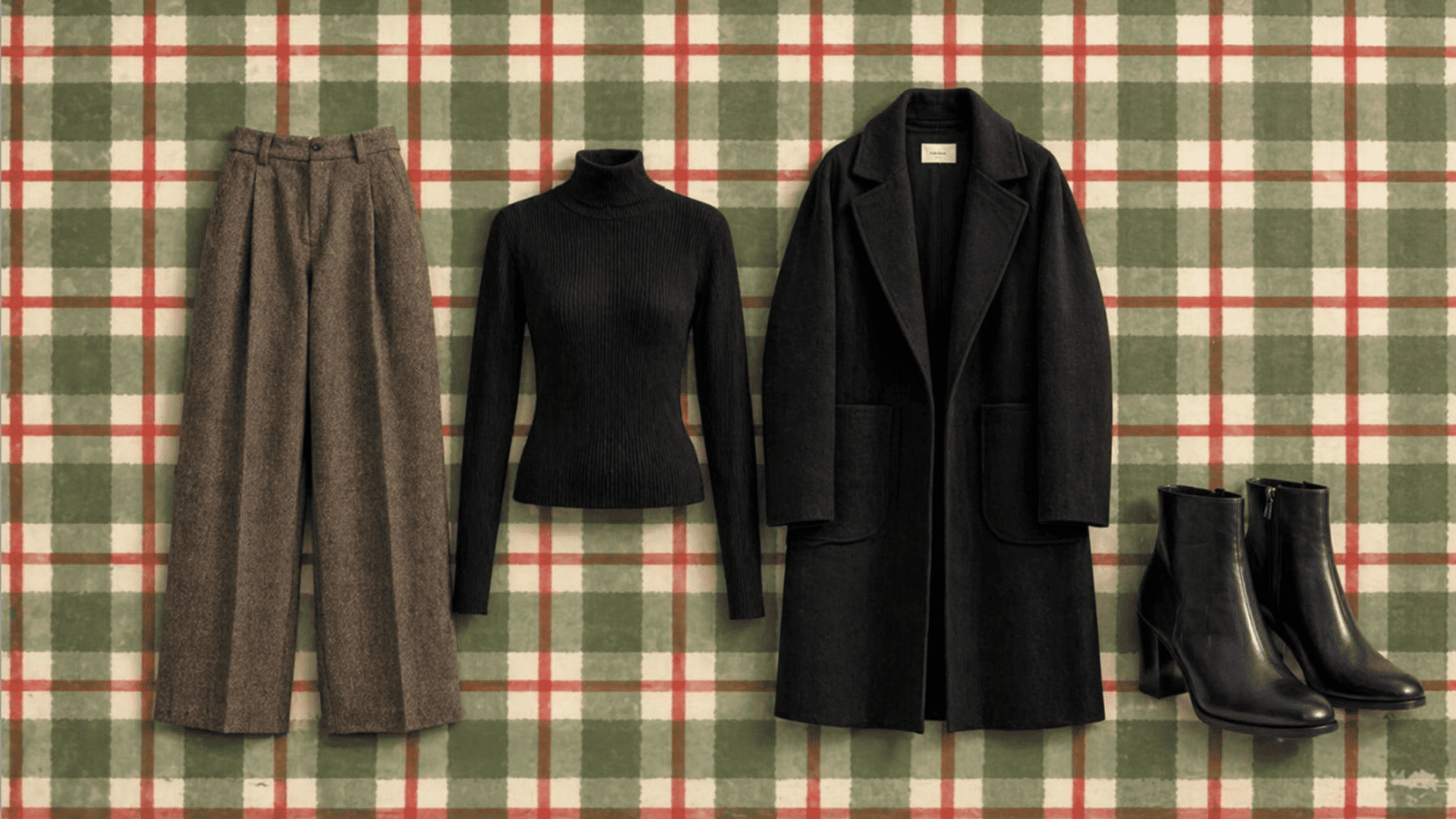Flat lay of brown trousers, black turtleneck, long black coat, and ankle boots neatly arranged on green and red plaid fabric background.