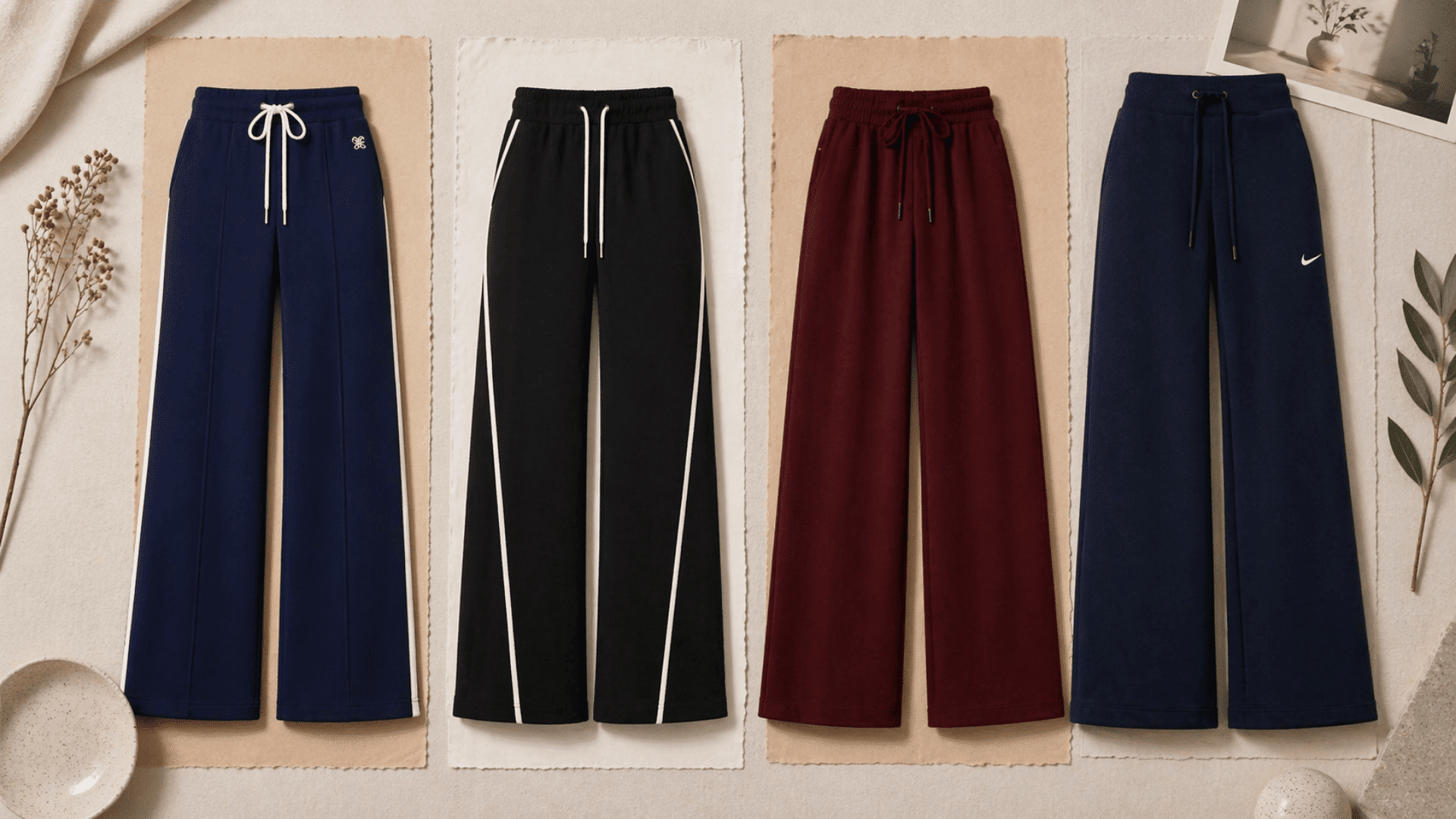 Flat lay of four wide-leg joggers on textured paper mats in navy, black with stripes, burgundy, and navy, styled with neutral decor and soft lighting