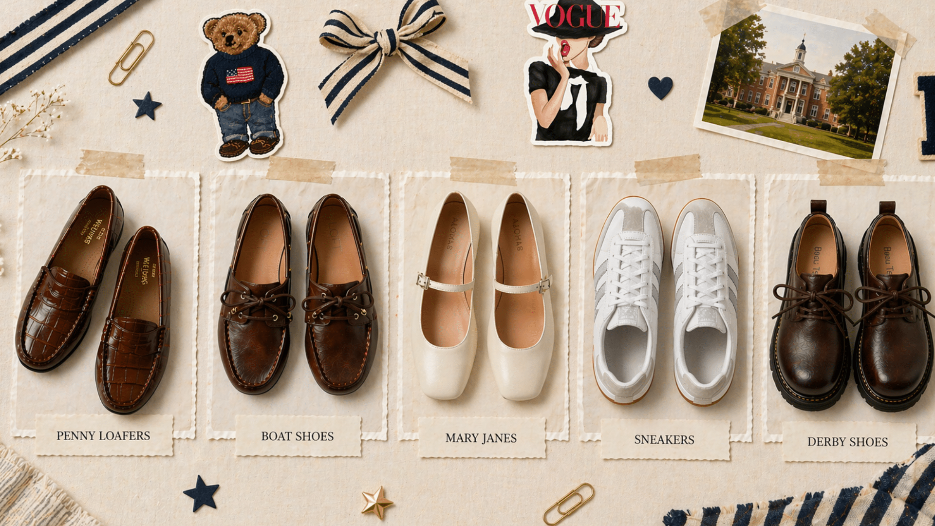 Flat lay of preppy shoes including loafers, boat shoes, Mary Janes, sneakers, and derbies with stickers and neutral scrapbook background