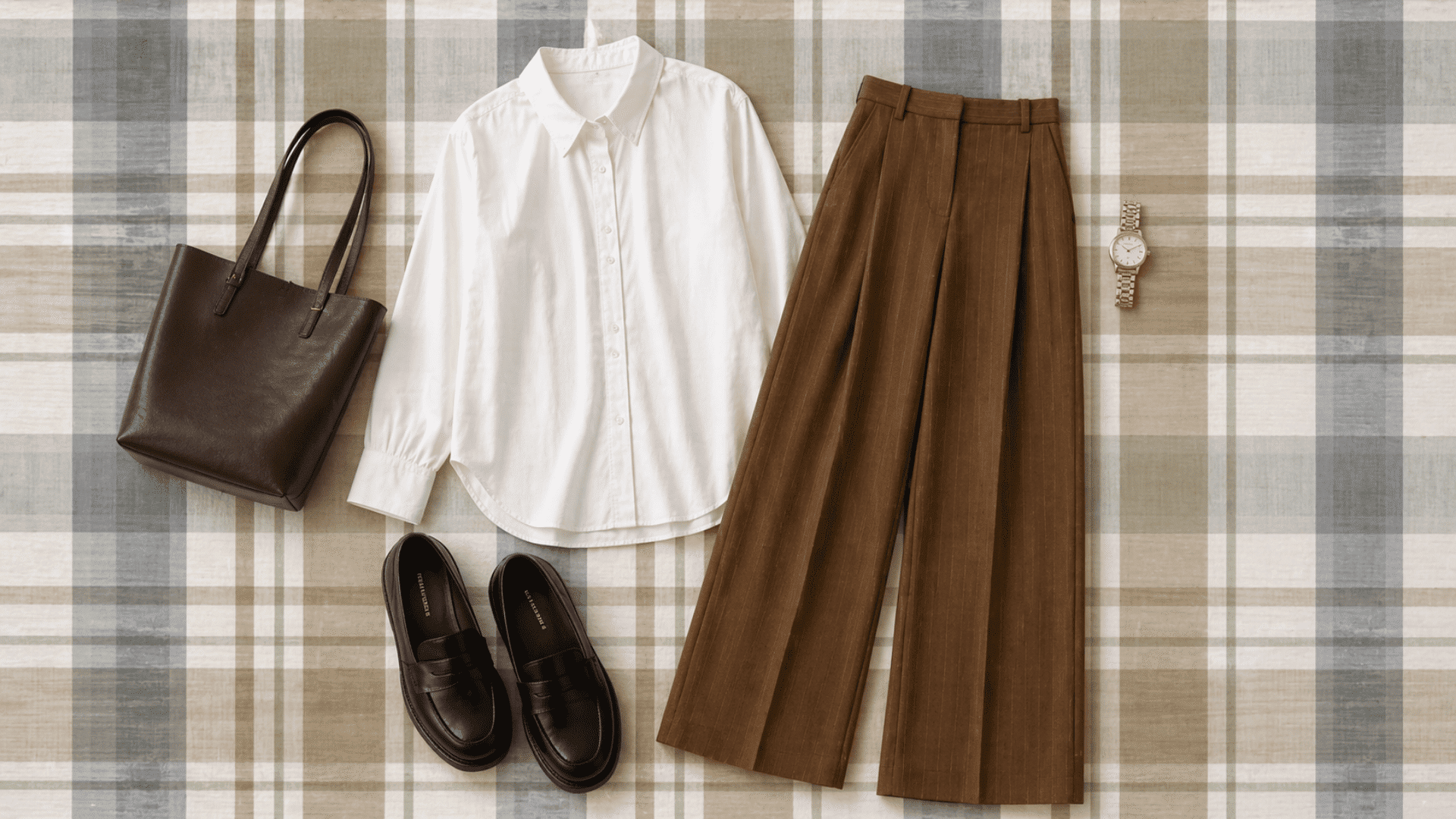 Flat lay of white shirt, brown trousers, black loafers, tote bag, and gold watch arranged neatly on soft neutral plaid fabric background.