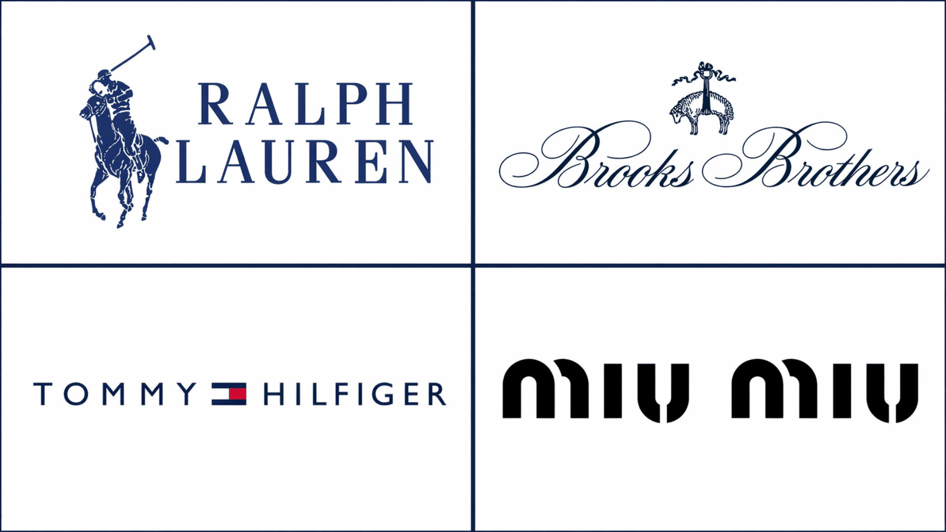 Four fashion logos in a clean 2x2 grid Ralph Lauren, Brooks Brothers, Tommy Hilfiger, and Miu Miu on a white background.
