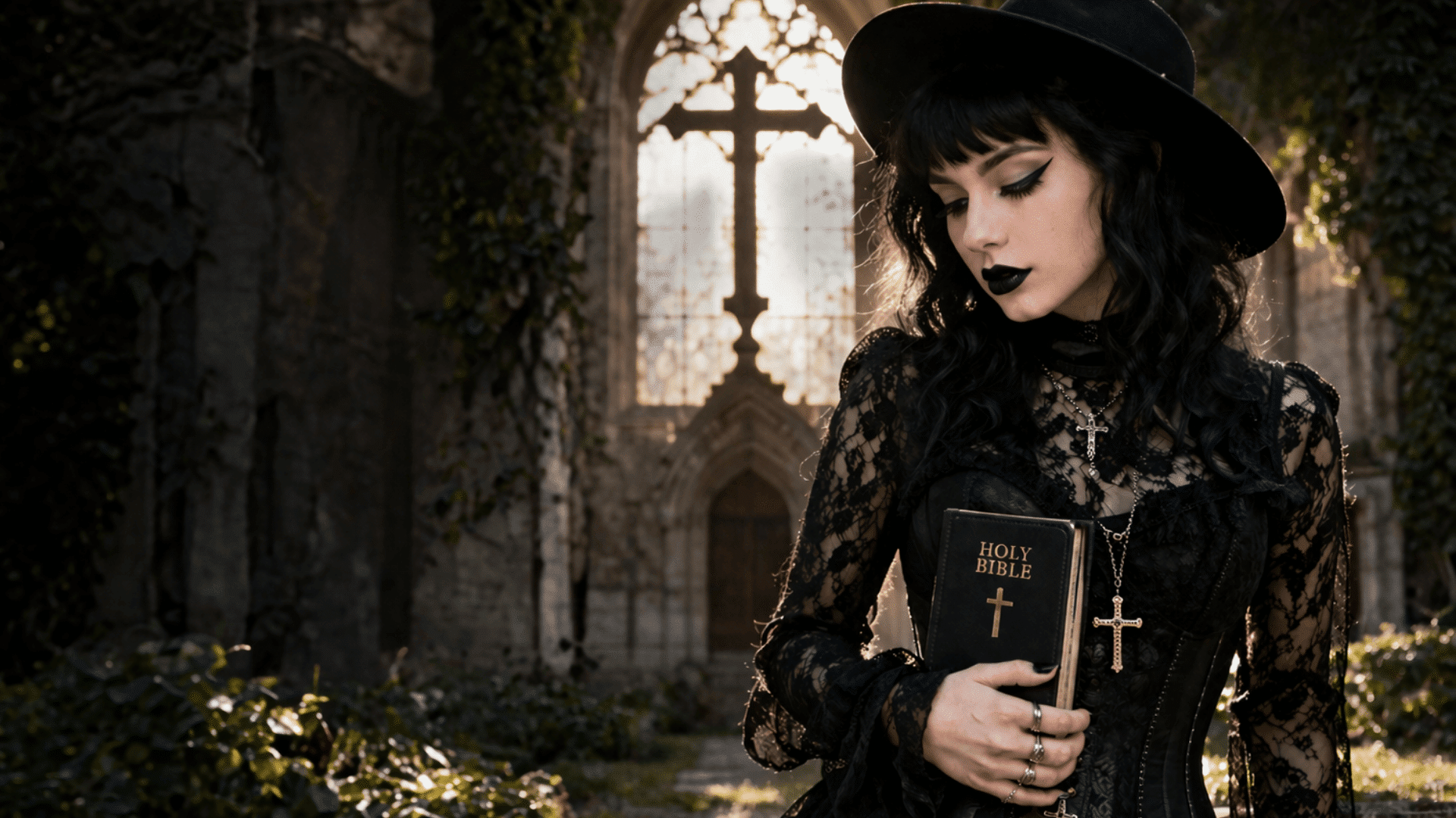 Goth woman in black lace outfit holding a vintage camera in a dimly lit alley, dramatic lighting and dark aesthetic mood (1)