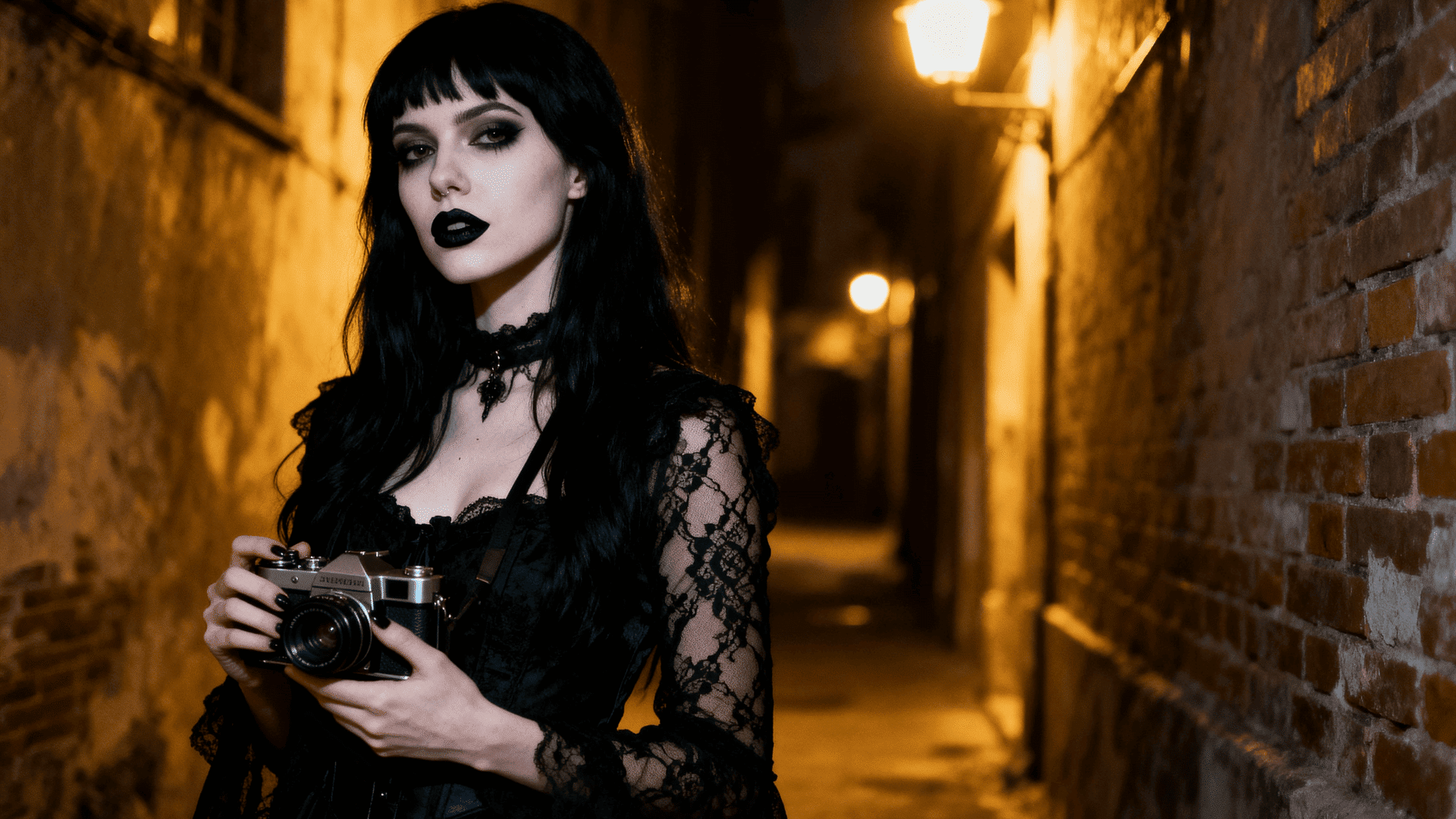 Goth woman in black lace outfit holding a vintage camera in a dimly lit alley, dramatic lighting and dark aesthetic mood