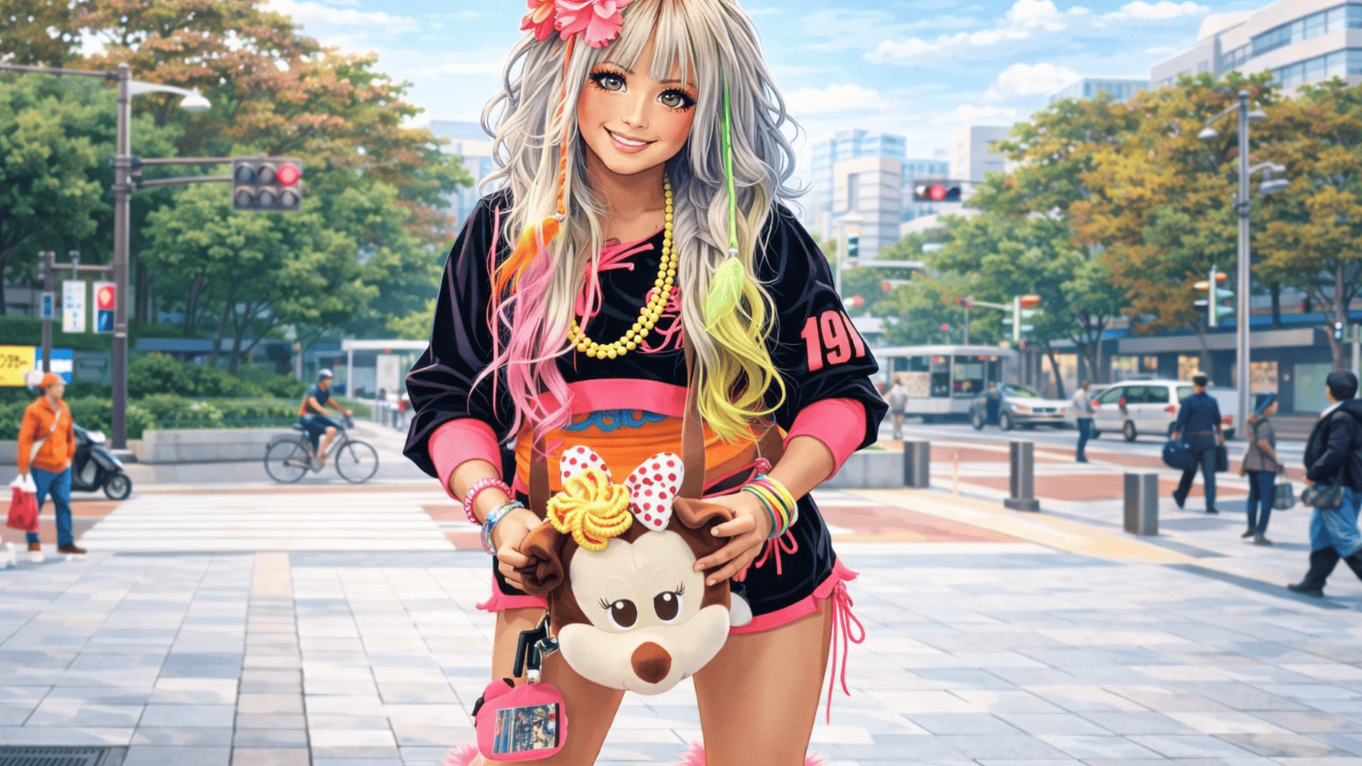 Illustration of a colorful street fashion woman with neon hair, pink leg warmers, and playful accessories in a lively city scene!!