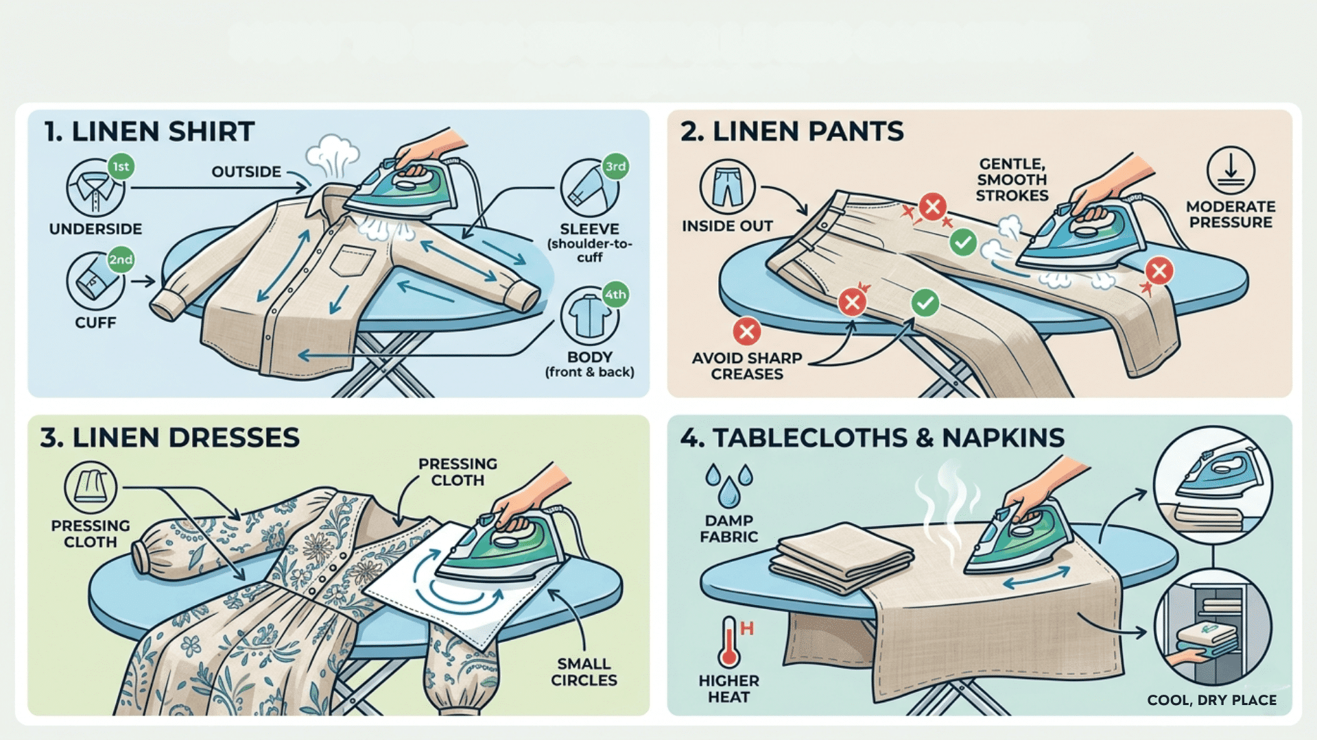Infographic of linen ironing guide showing steps for shirts, pants, dresses, and tablecloths using heat, steam, and proper technique