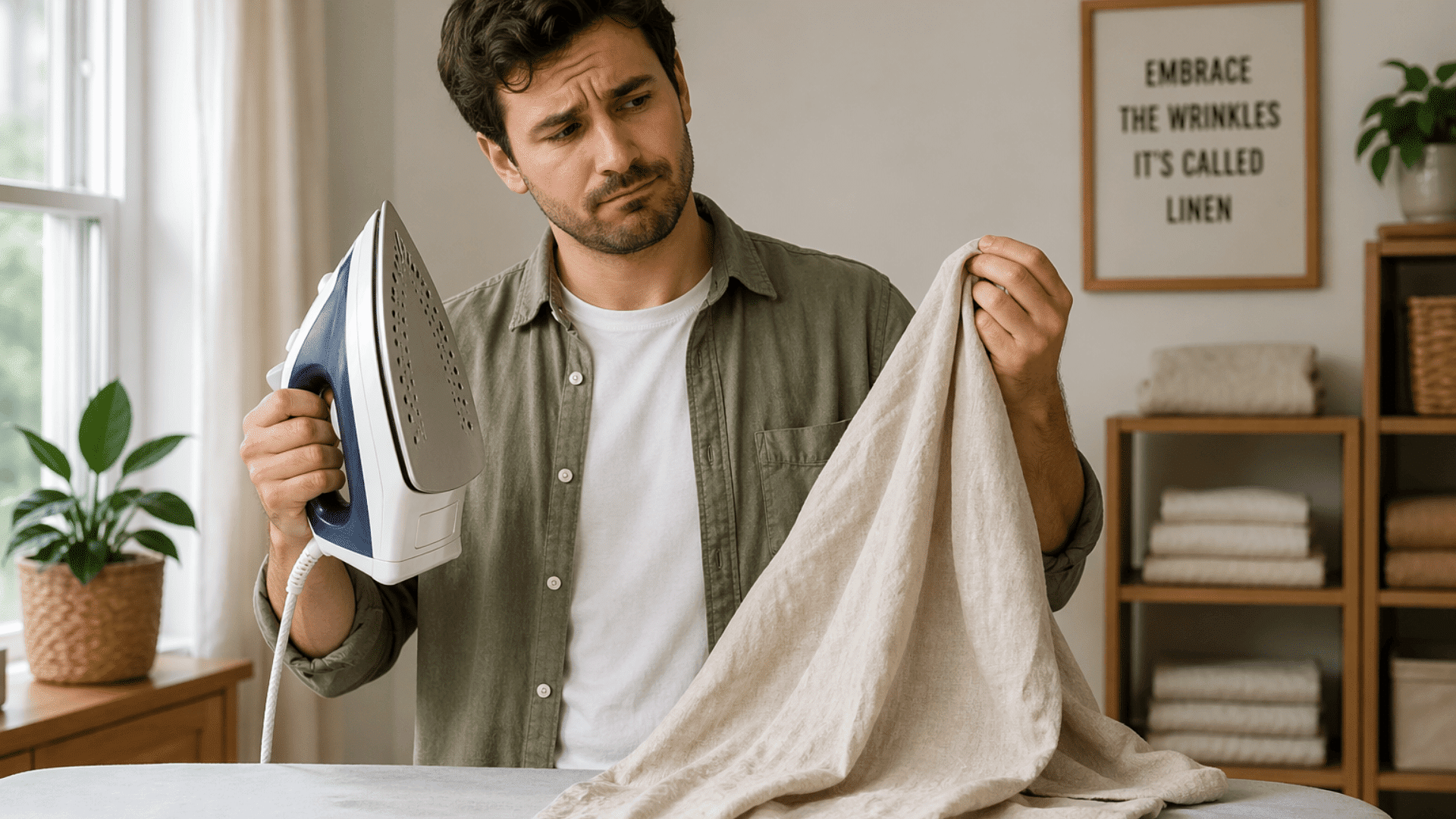 Man holding a steam iron and wrinkled linen over an ironing board, looking unsure in a bright, cozy laundry room with soft natural light
