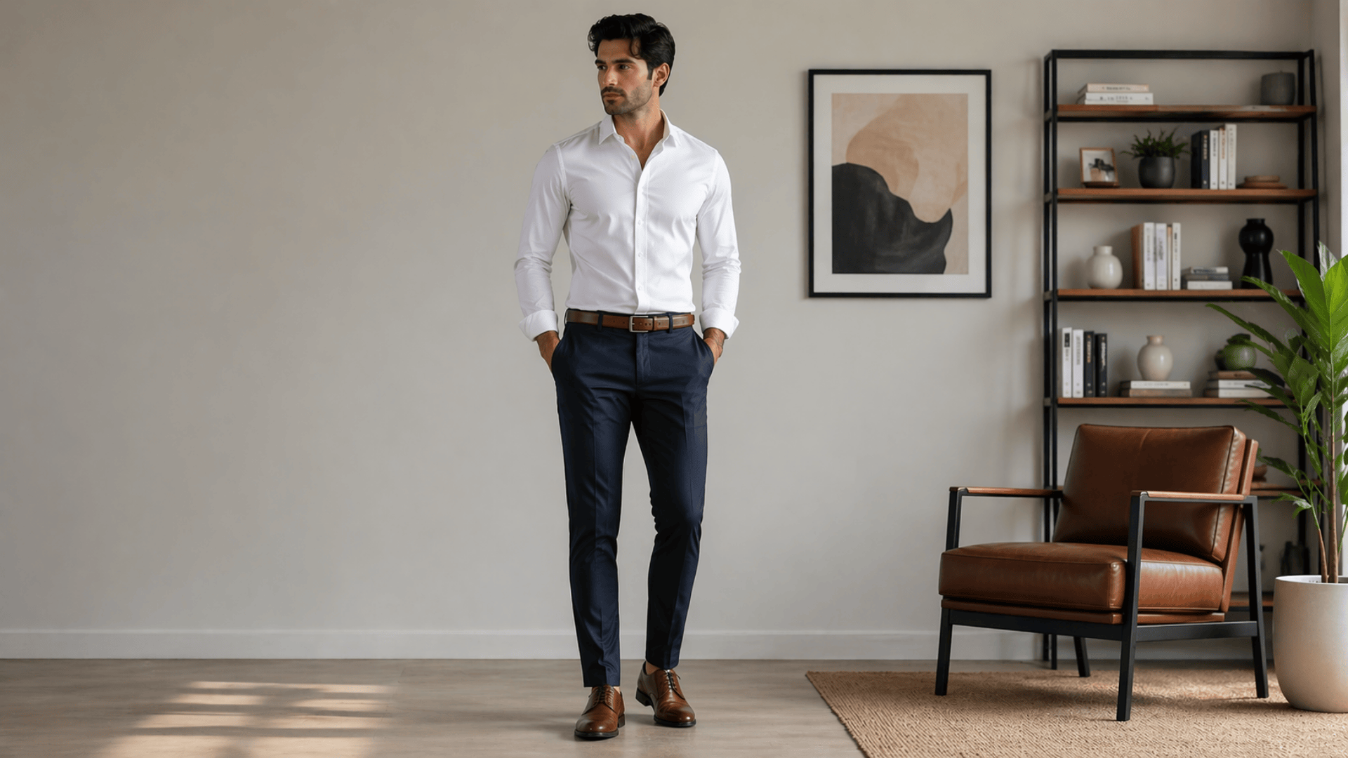 Man in slim tapered navy trousers and white shirt standing in room with chair and plant, minimalist style