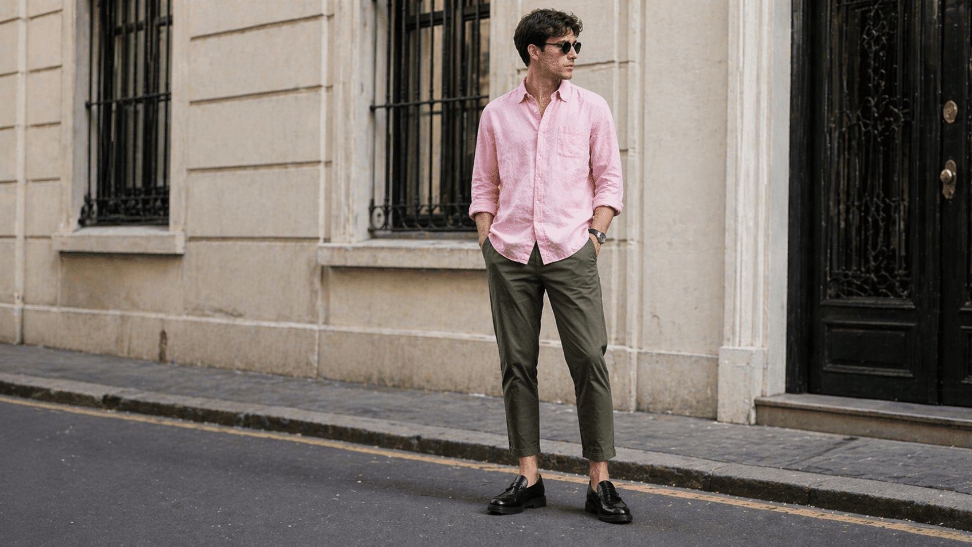 Man wearing cropped chinos with pink shirt and black loafers, standing on a city street in a clean, modern street style look