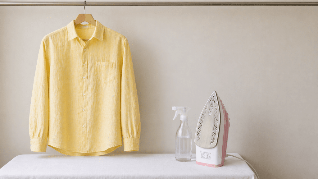 Minimal laundry setup with yellow linen shirt on hanger, steam iron and spray bottle on table against a clean neutral background