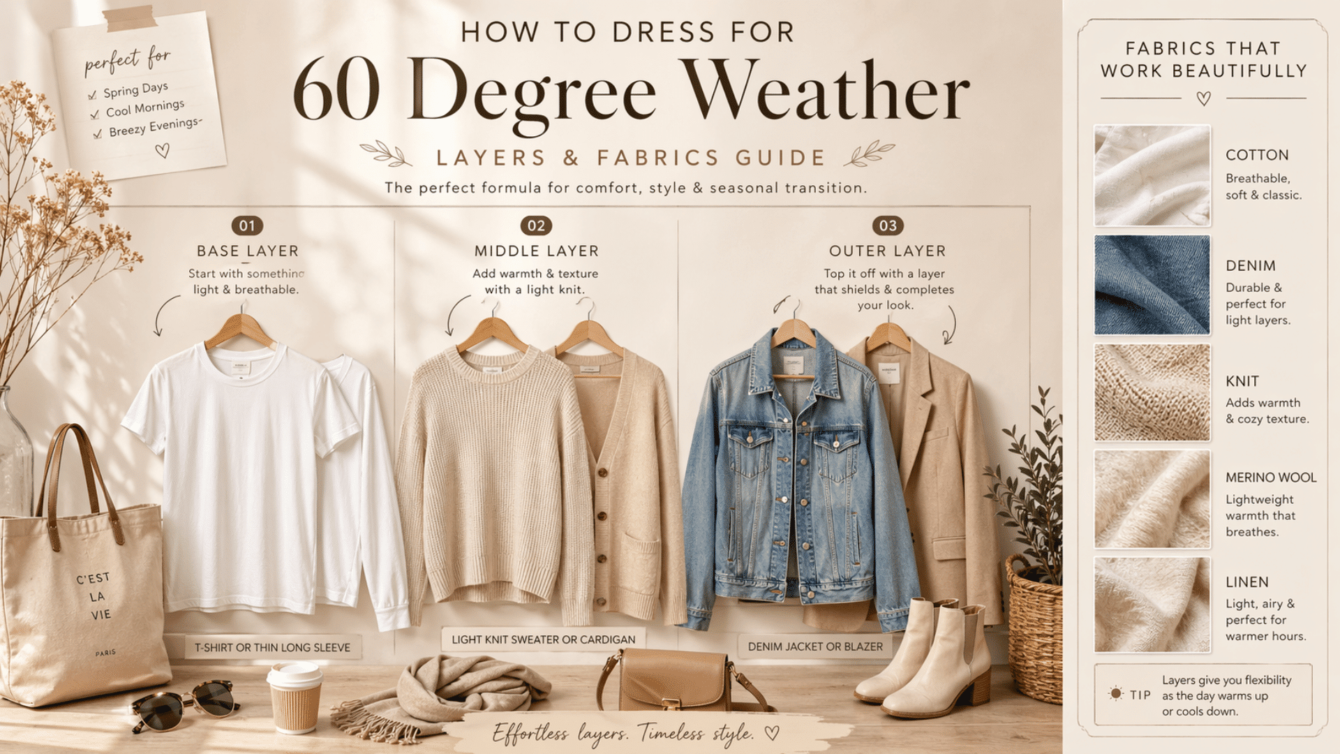 Minimal neutral fashion infographic showing layered outfit for weather with fabrics, accessories, and cozy styling details