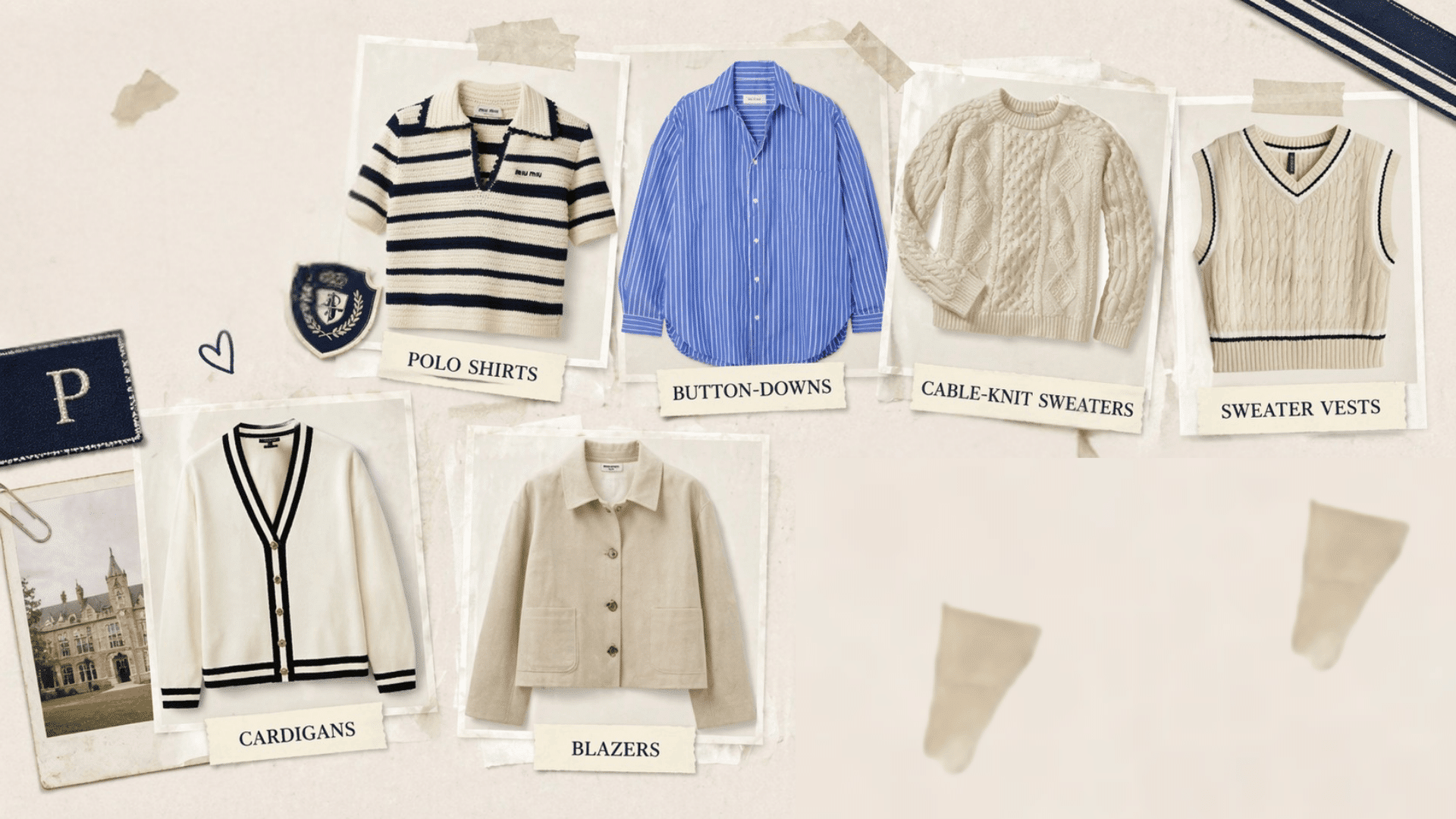Minimal preppy collage of polos, striped shirt, cable knits, vest, cardigan, and blazer arranged on a neutral scrapbook-style background