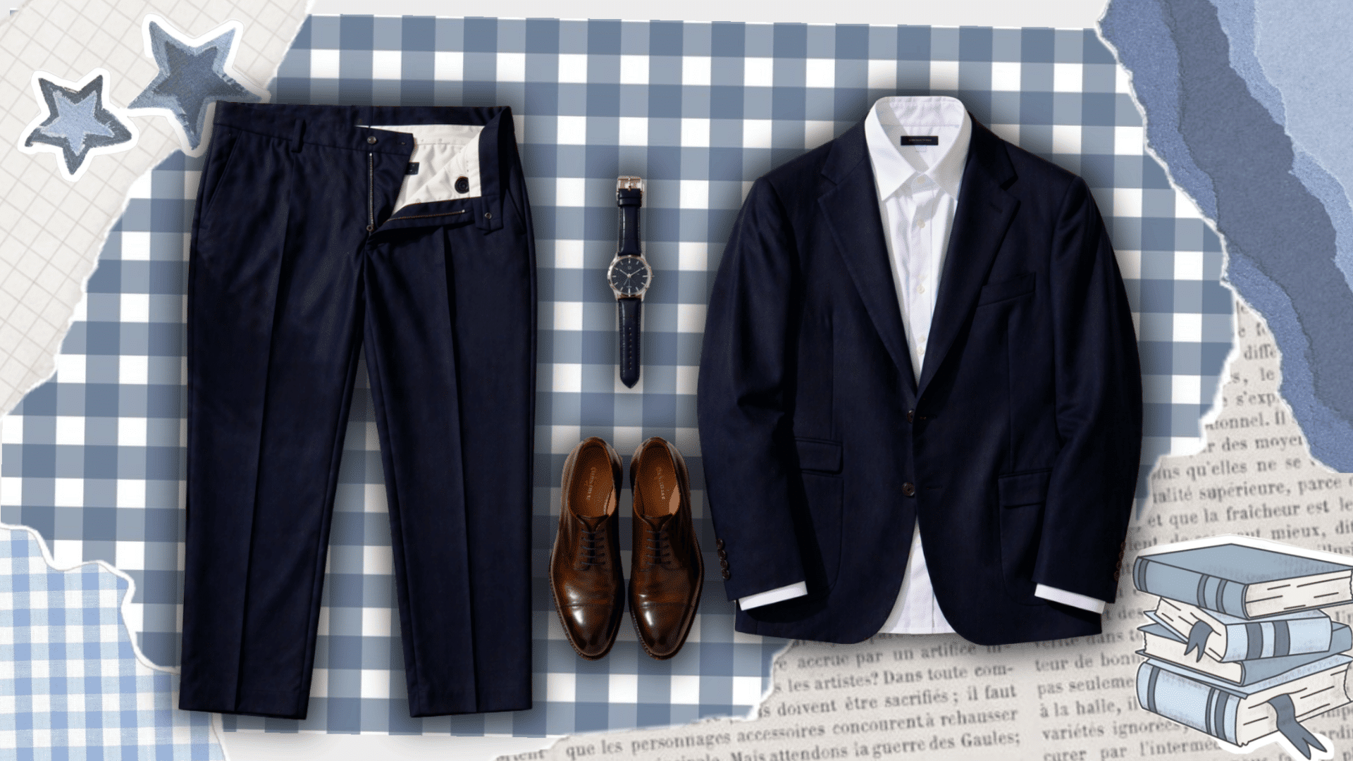 Pinterest-style flat lay of navy suit outfit with open trousers, blazer, watch, and brown shoes on blue gingham collage background