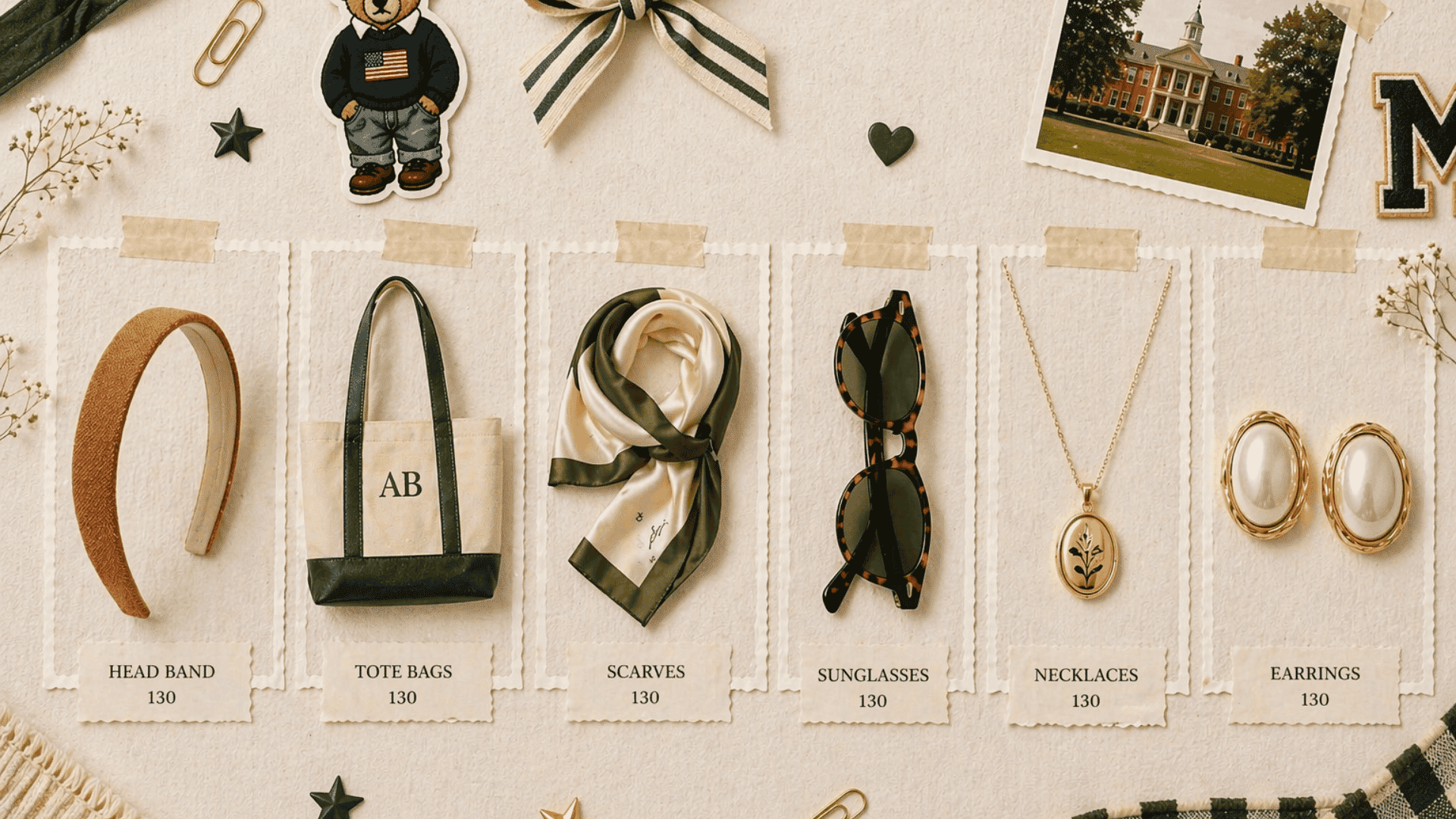 Preppy flat-lay collage on textured neutral background with headband, tote bag, scarf, sunglasses, necklace, and earrings arranged in labeled panels