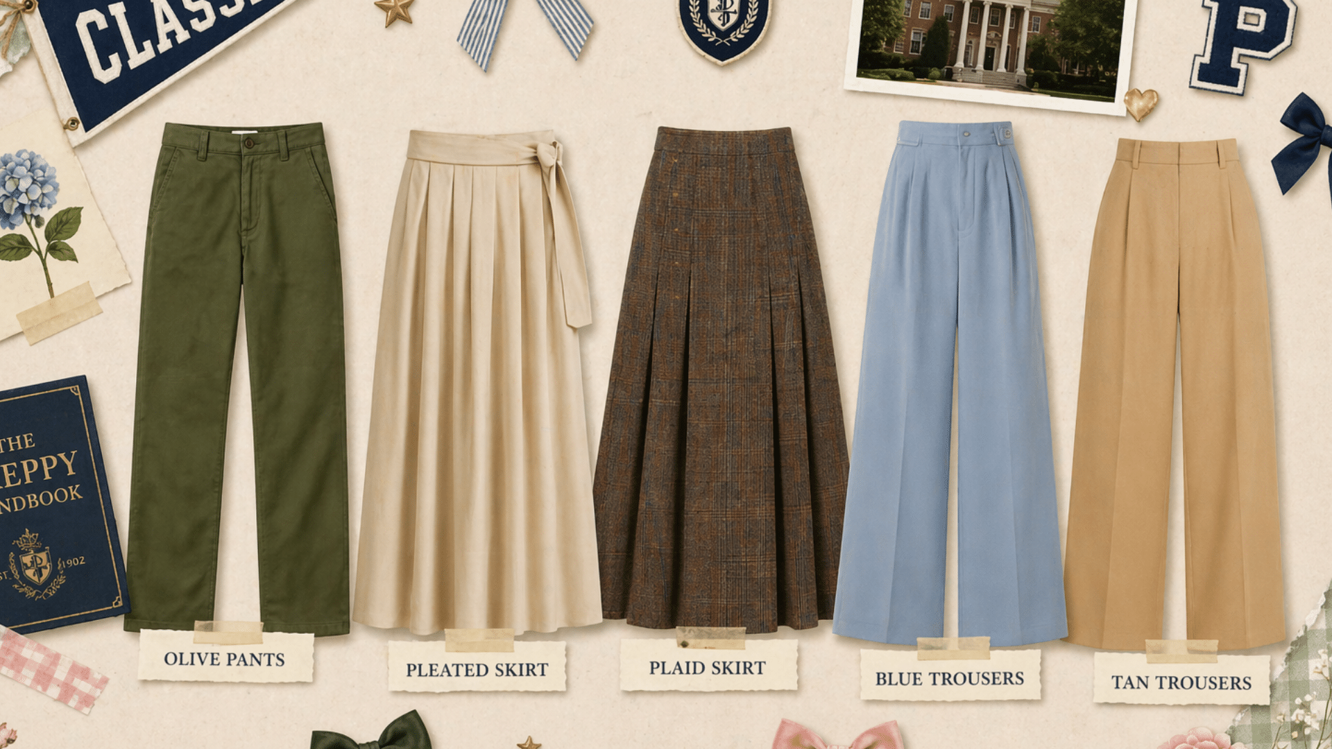 Preppy scrapbook collage with labeled skirts and trousers, neutral tones, ribbons, and vintage paper elements on beige background