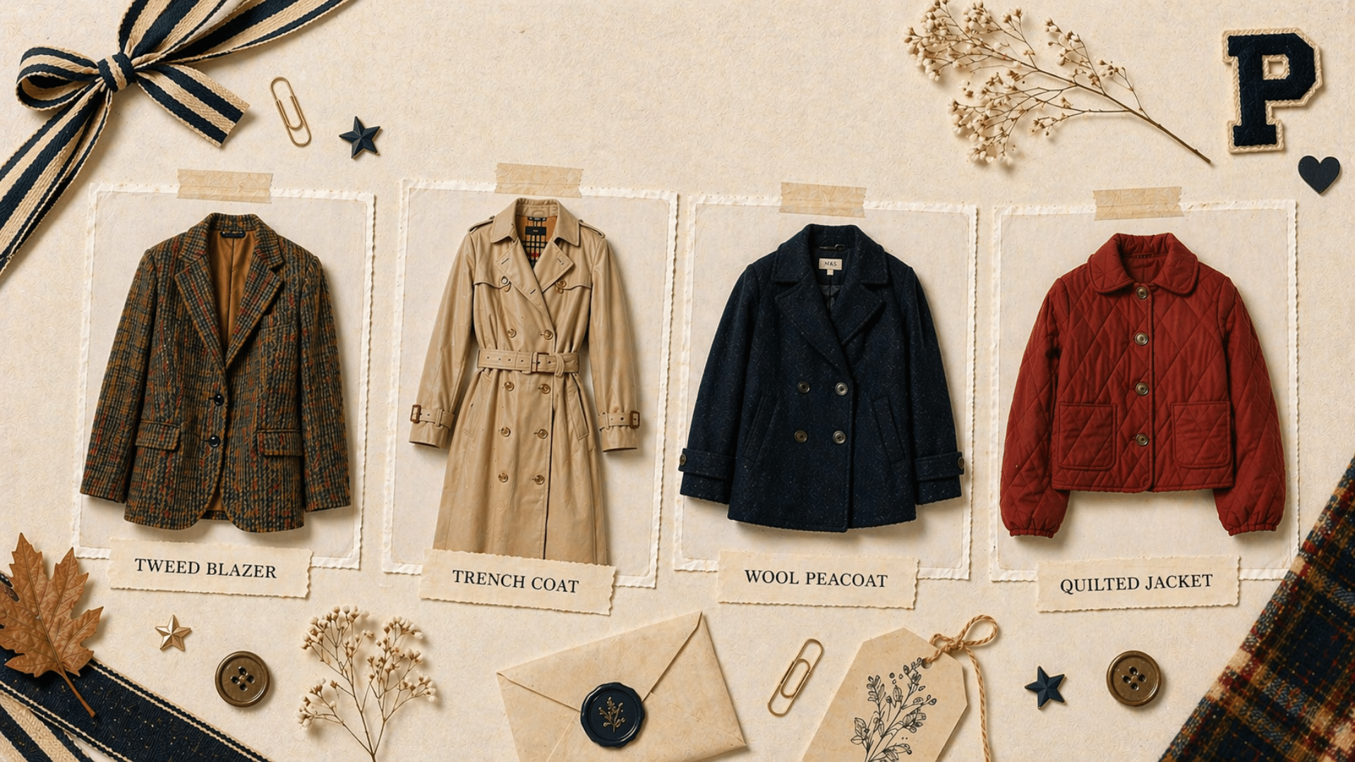 Preppy scrapbook flat lay with tweed blazer, trench coat, wool peacoat and quilted jacket on beige background with labels
