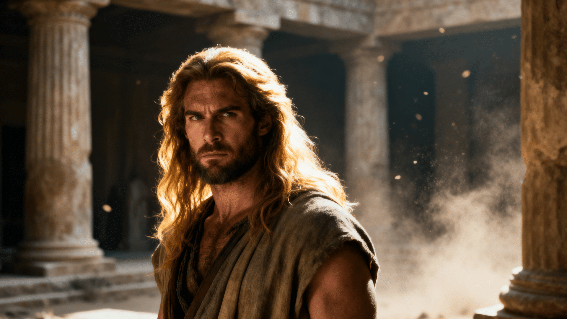 Samson with long hair in ancient temple, golden light highlighting strength and faith, dust and pillars creating a dramatic biblical atmosphere