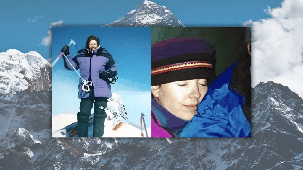Snow-covered mountain peaks in the background with two overlaid photos of people dressed in winter clothing, one standing with an ice axe and the other in close-up wearing a hat