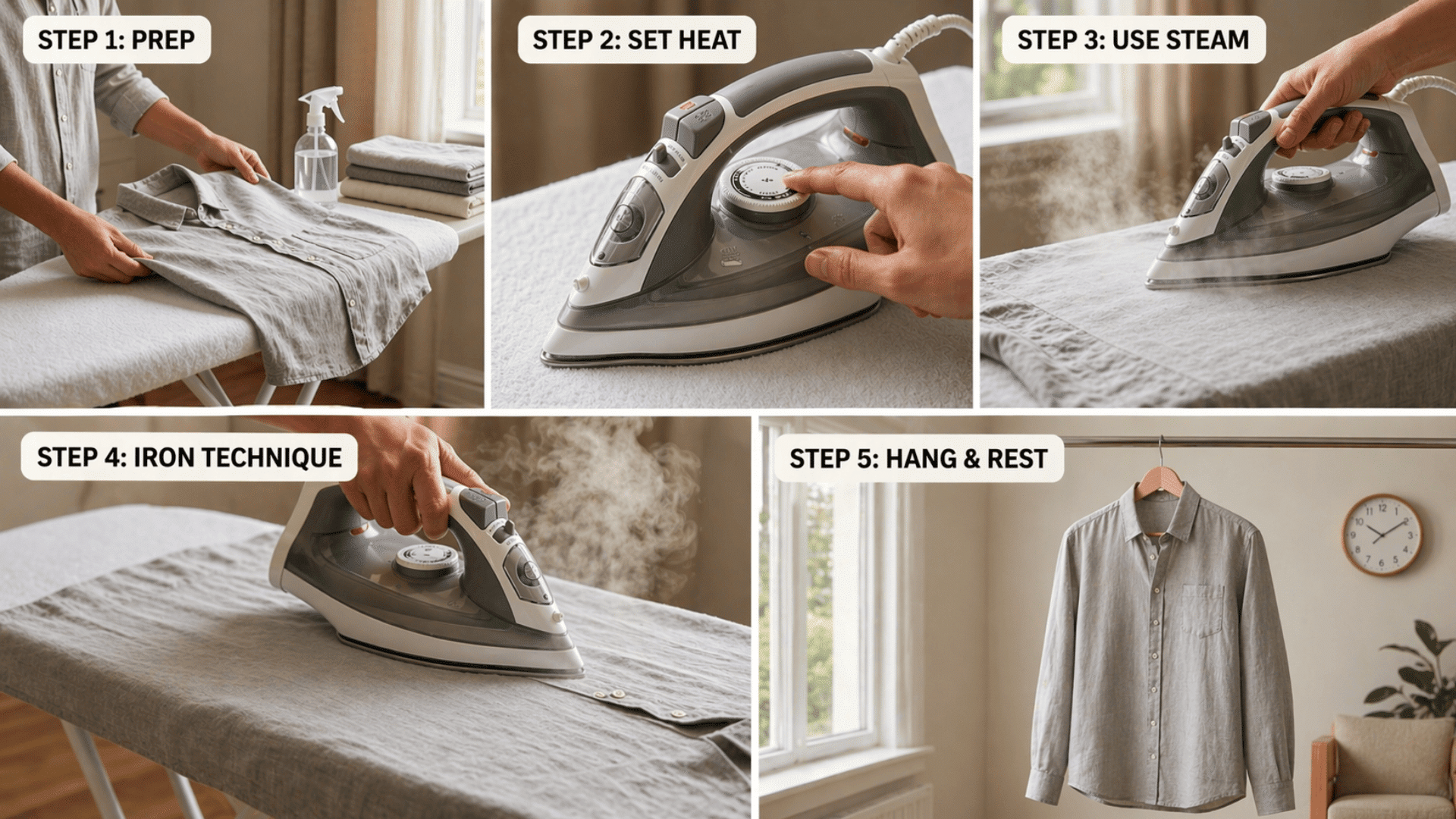 Step-by-step guide showing how to iron a shirt prep fabric, set heat, apply steam, use proper technique, and hang finished shirt neatly