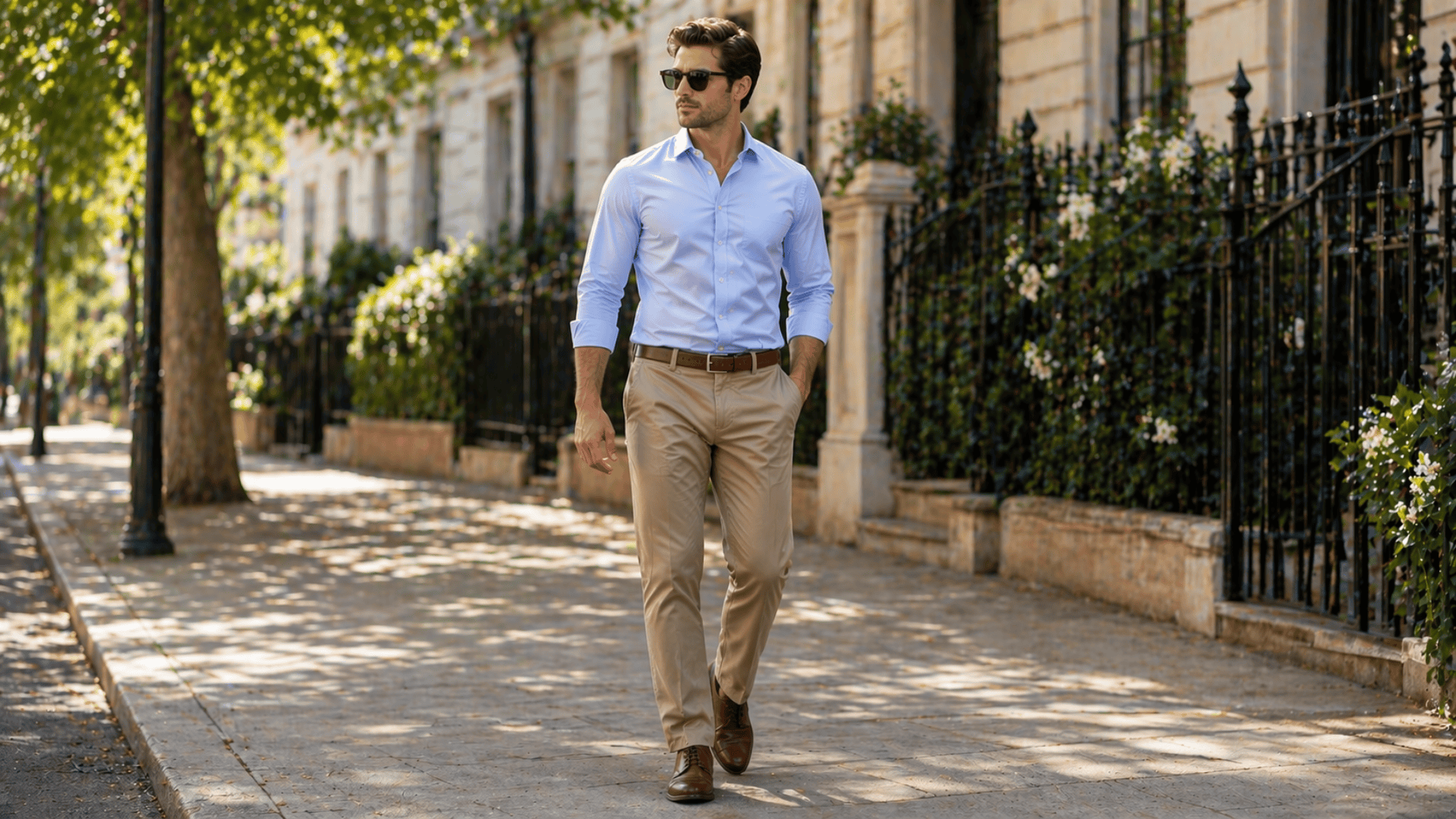 Straight fit chinos for men worn outdoors, classic beige pants with even leg width, versatile everyday style on a tree lined street