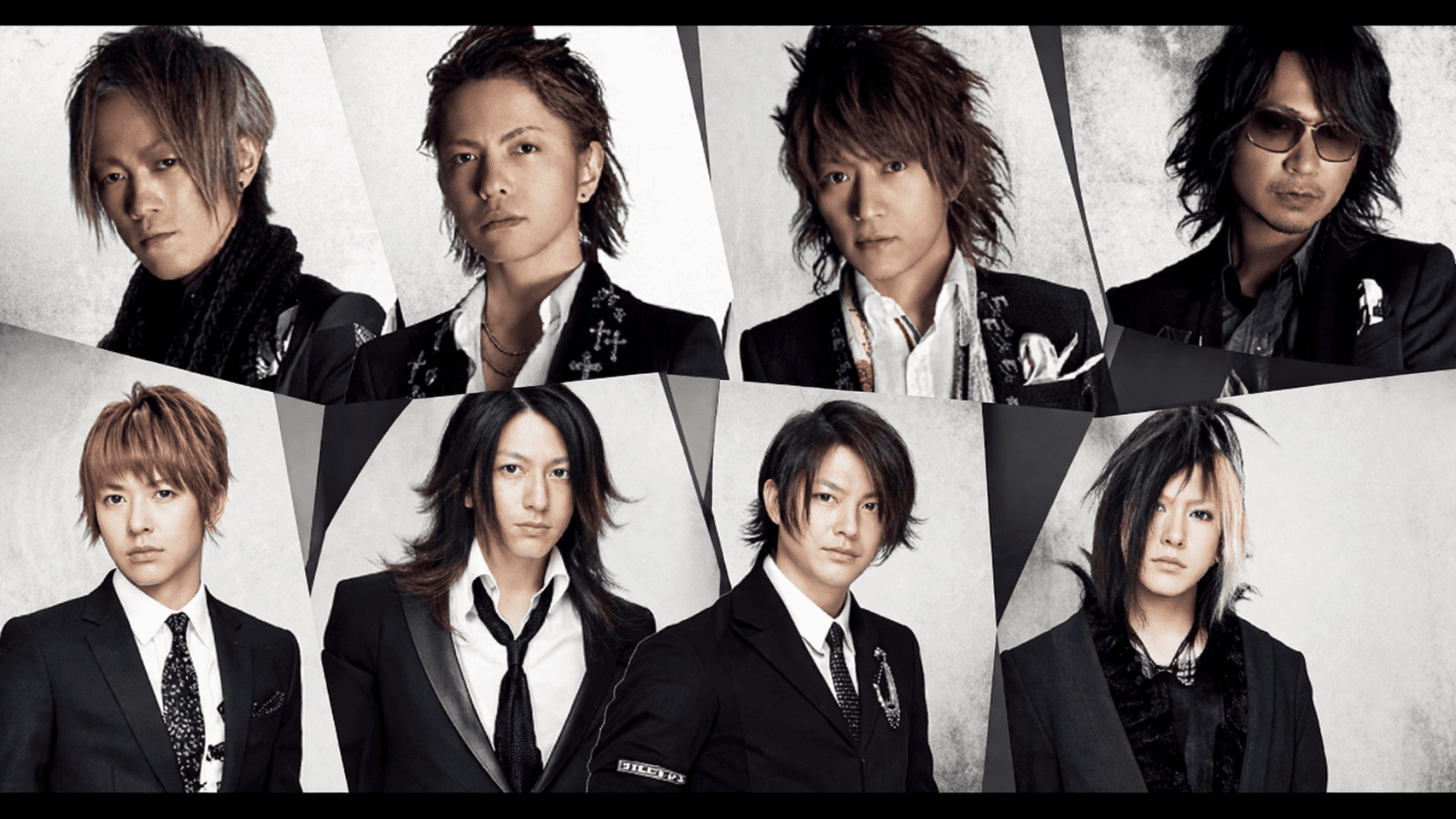 Stylized 169 collage of Japanese rock band members in black suits, sharp hairstyles, dramatic lighting in angular panels cool! (1)
