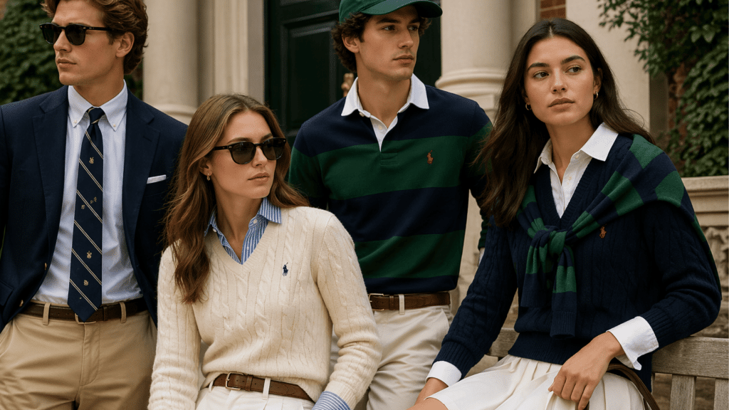 Two men and one woman in preppy outfits with sweaters, polos, and blazers posing outdoors in front of a classic building.