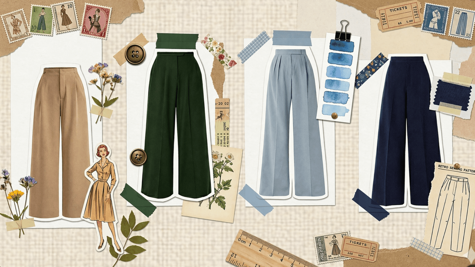 Vintage scrapbook layout of formal trousers in beige, green, light blue, and navy with fabric swatches, trims, and floral accents.