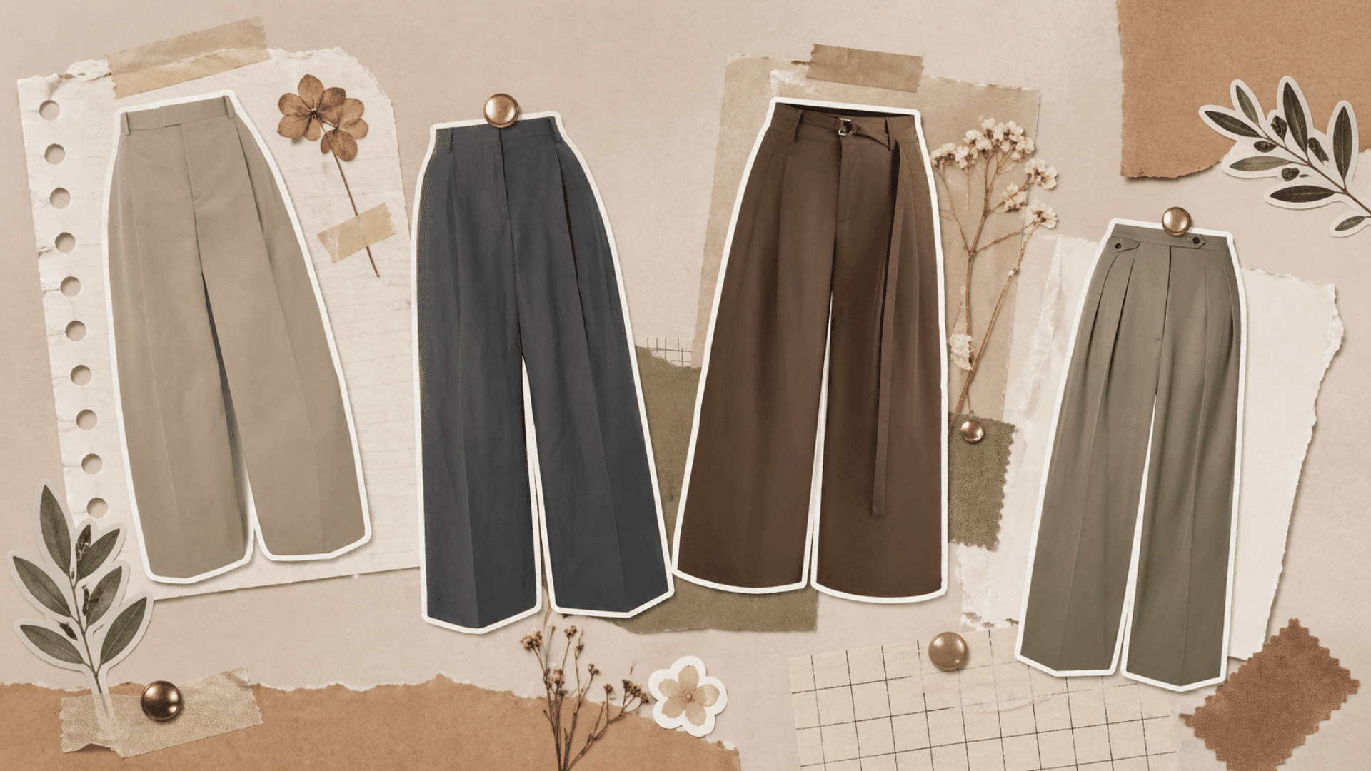 Wide-Leg Trousers scrapbook layout featuring neutral-toned pants, paper textures, botanical stickers, and minimalist collage elements