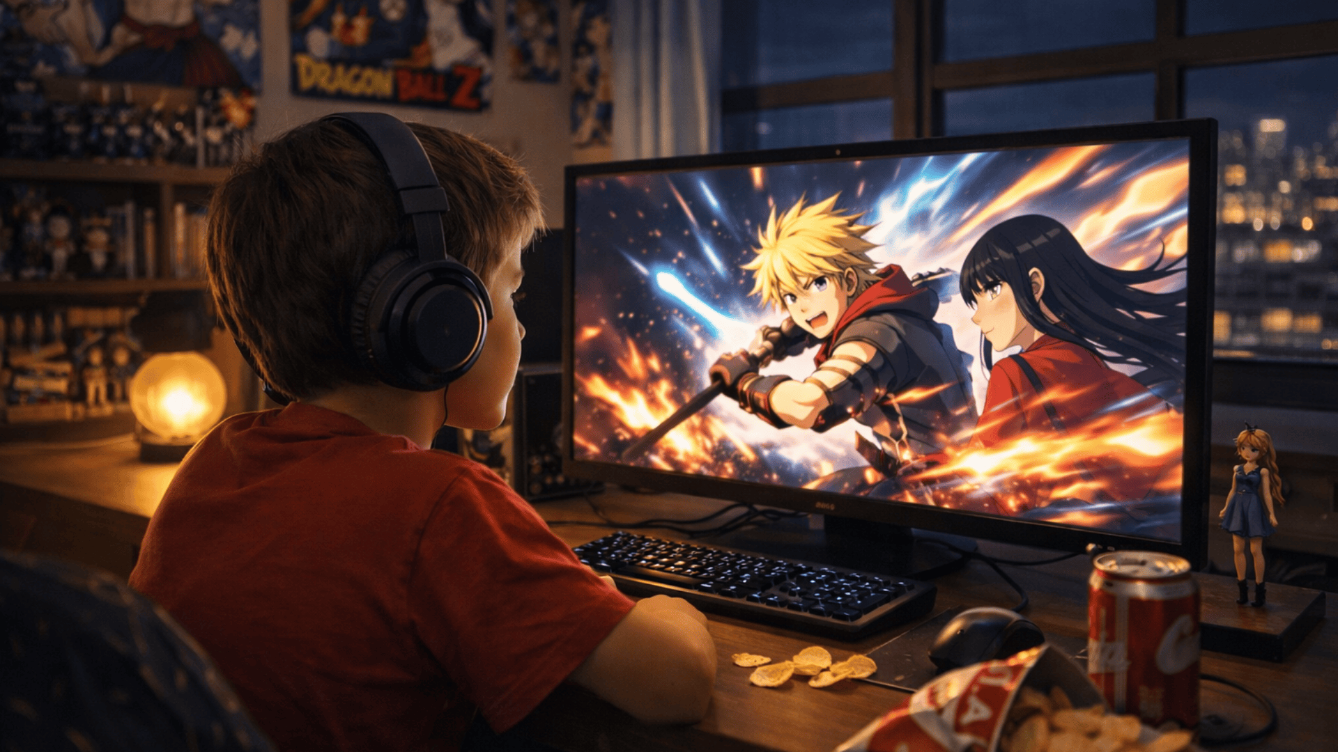 Young boy wearing headphones watches anime on a computer in a cozy dim room with posters, snacks, and city lights outside the window