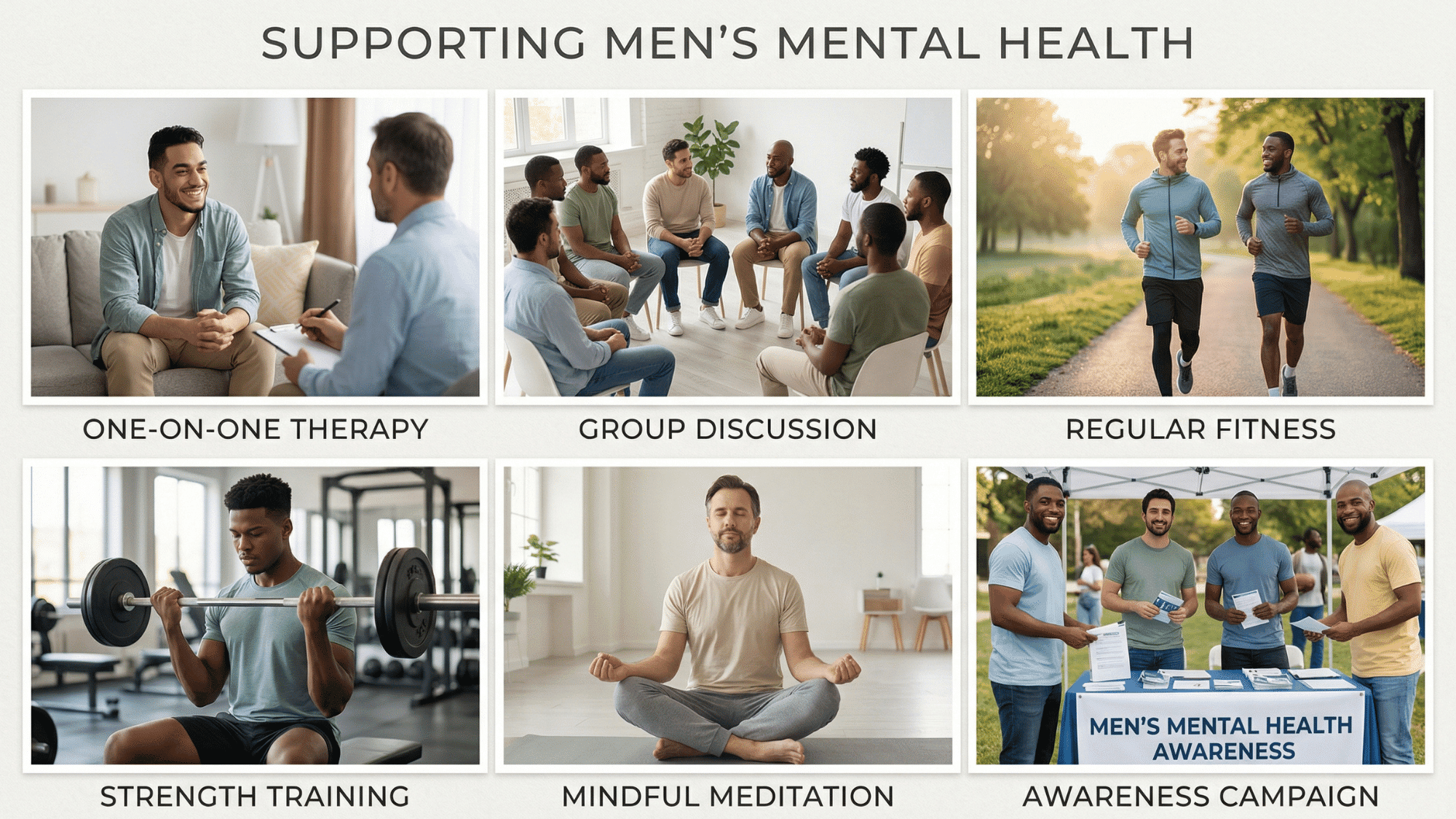 a clean collage with six panels showing men's mental health activities