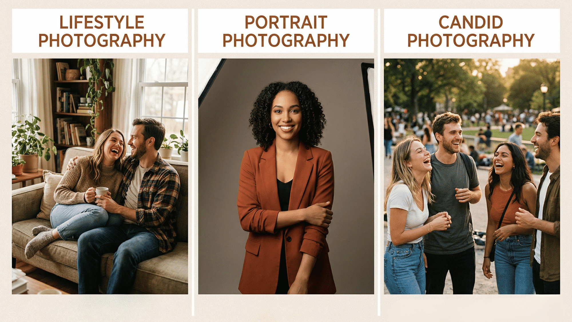a clean three section collage comparing lifestyle, portrait, and candid photography