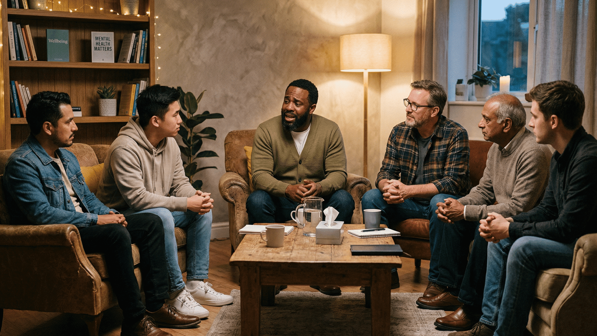 a diverse group of men sitting together in a supportive environment, having an open conversation about mental health